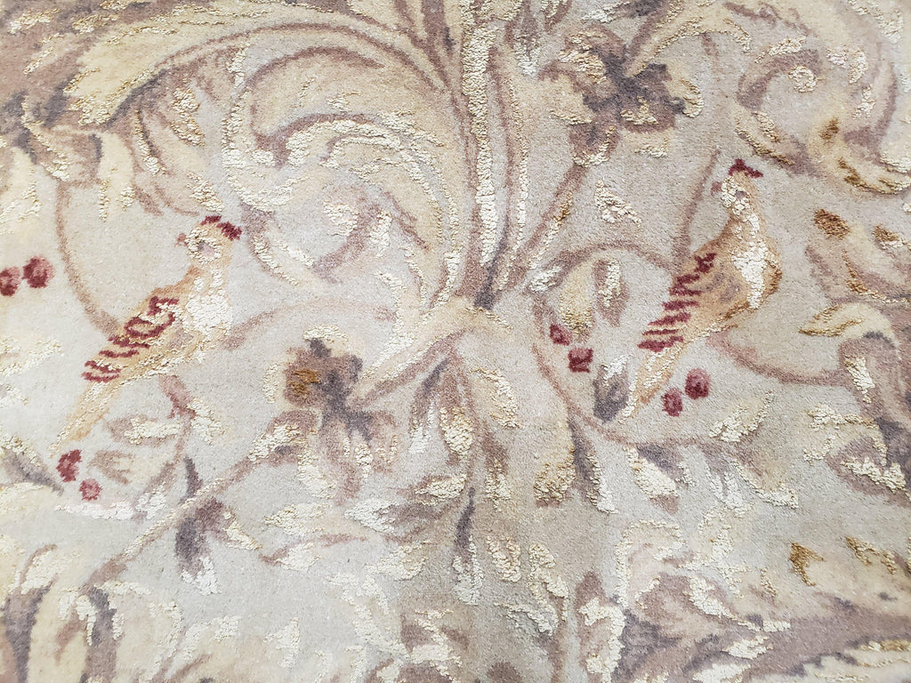 Chinese Aubusson Savonnerie Area Rug 8x12, Vintage 120 Line Carpet, Wool and Silk Hand-Knotted, Birds Flowers Master Weaver Signature