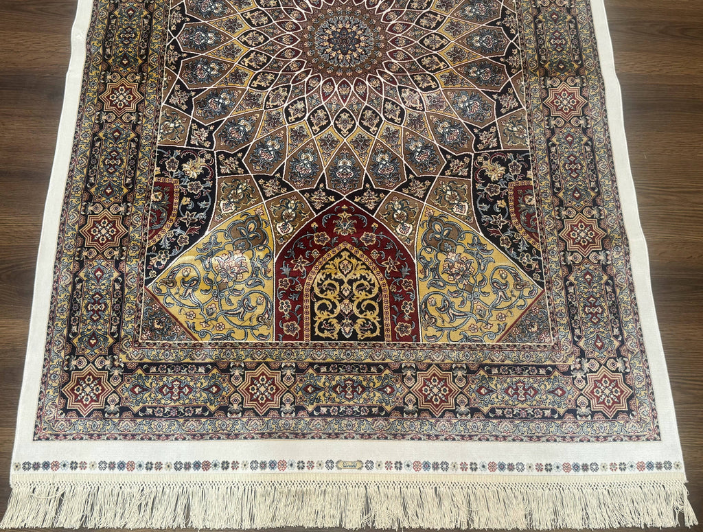 Turkish Silk Rug 4x6, Dome Design, Memluk Carpet, Bamboo Silk, New