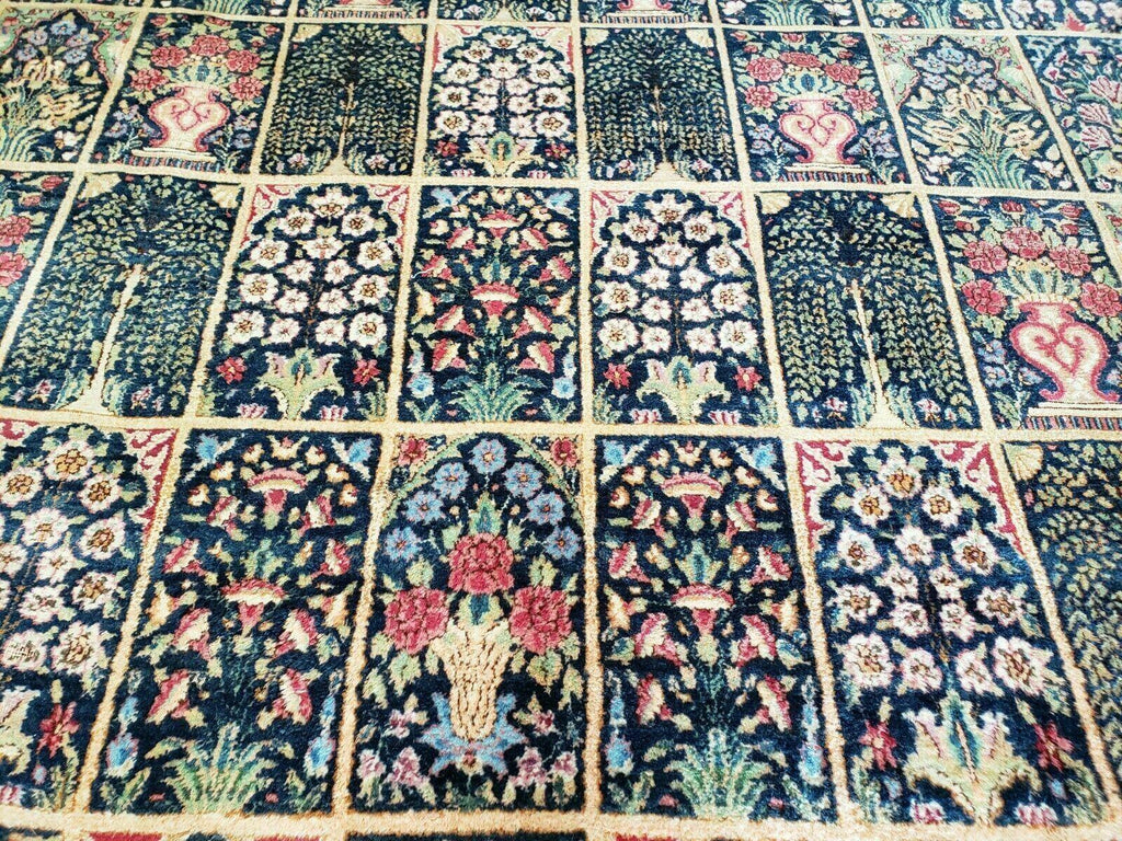 Persian Rug 10x15, Authentic Oriental Carpet 10 x 15, Wool Area Rug Panel Design Hand-Knotted Vintage Kirman Yazd Rug, Dark Blue and Beige,  Floral
