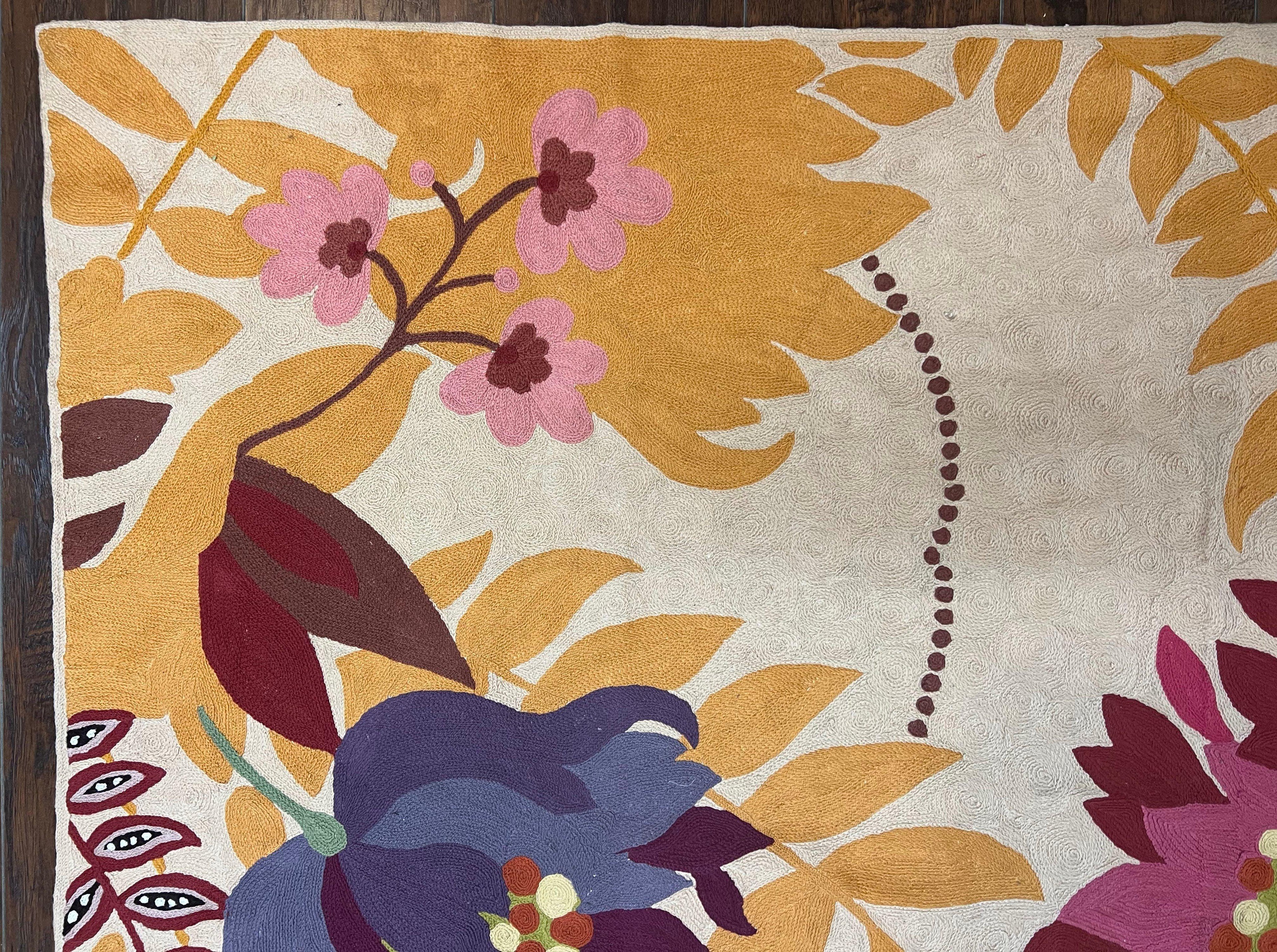 Indian Chain Stitched Rug 4x6, Hand Stitched Indian Embroidery Carpet, Large Floral Design, Contemporary, Cream and Colorful Flowers, Wool