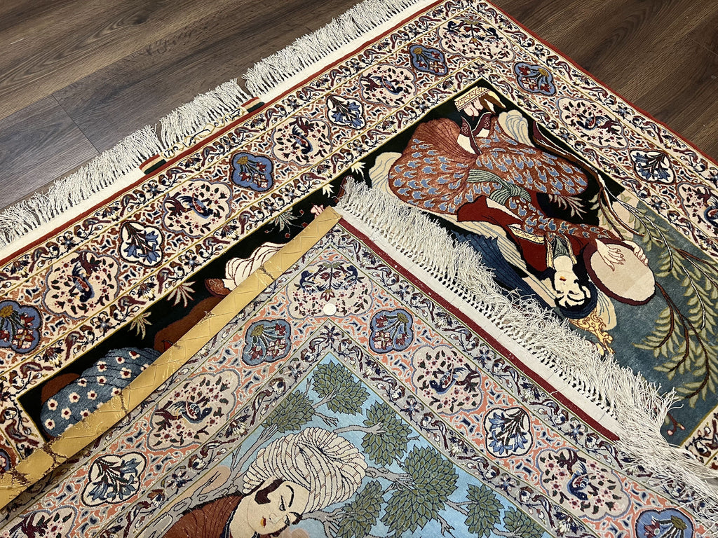 Persian Pictorial Rug 5 x 4 ft, Persian Isfahan Rug, Kork Wool on Silk Foundation, Signature from Master Weaver, Drums and Musical Instruments, Birds, Detailed