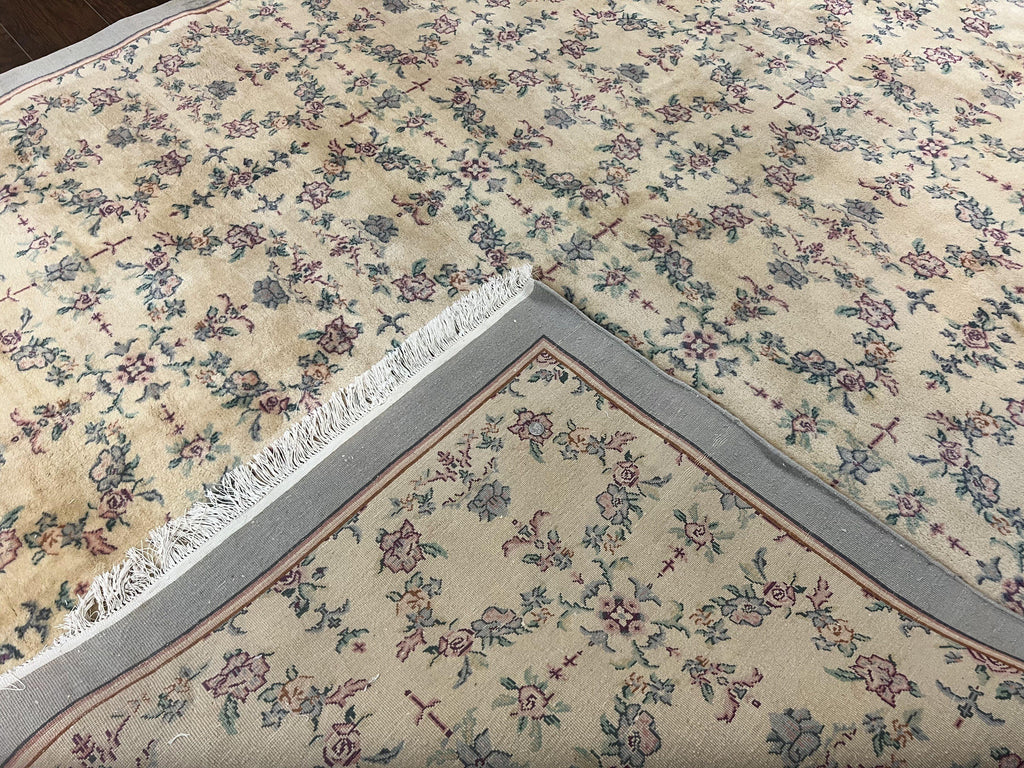 Sino Persian Rug 8x10, Floral, Oatmeal and Light Teal, Handmade Wool Vintage Carpet