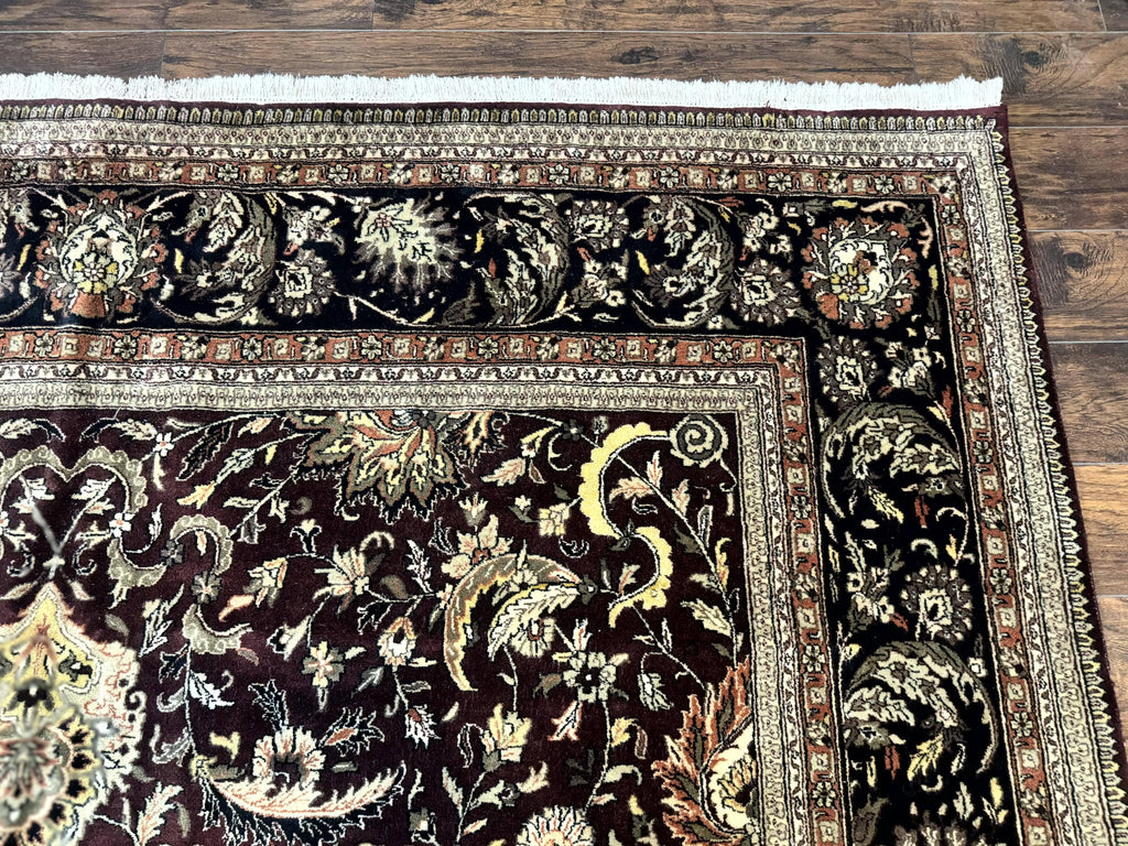 Indo Persian Rug 10x14, Floral Allover, Handmade Vintage Wool Rug, Dark Maroon/Plum and Black