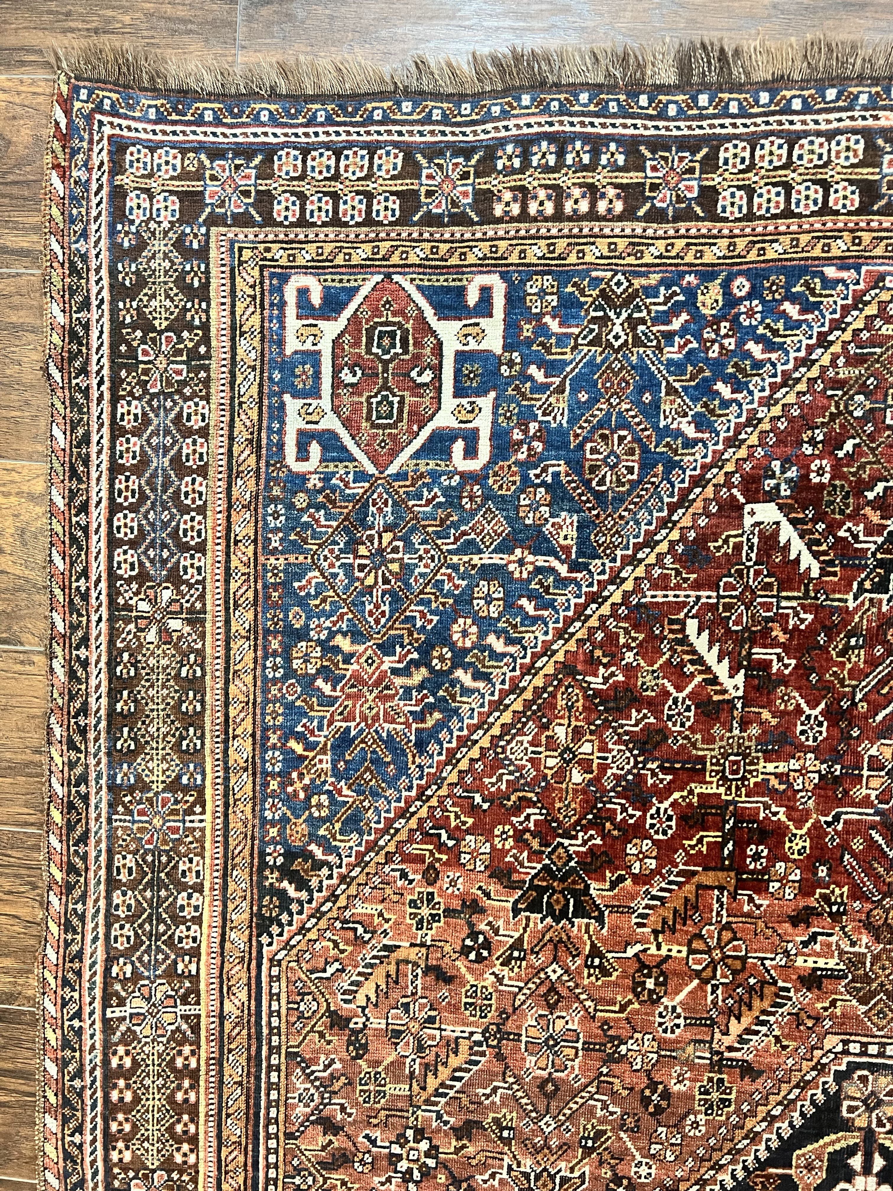 Antique Persian Shiraz Tribal Rug 6x8, Geometric Rug, Wool Handmade Hand Knotted Carpet, Red Blue