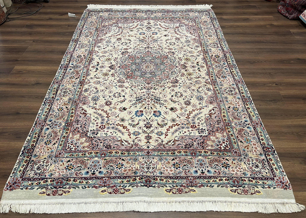 Beautiful Pak Persian Rug 6x9, Floral Medallion, Wool and Silk, Highly Detailed Elegant Carpet, Vintage Oriental Rug 6 x 9, Cream and Gray