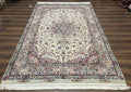 Beautiful Pak Persian Rug 6x9, Floral Medallion, Wool and Silk, Highly Detailed Elegant Carpet, Vintage Oriental Rug 6 x 9, Cream and Gray
