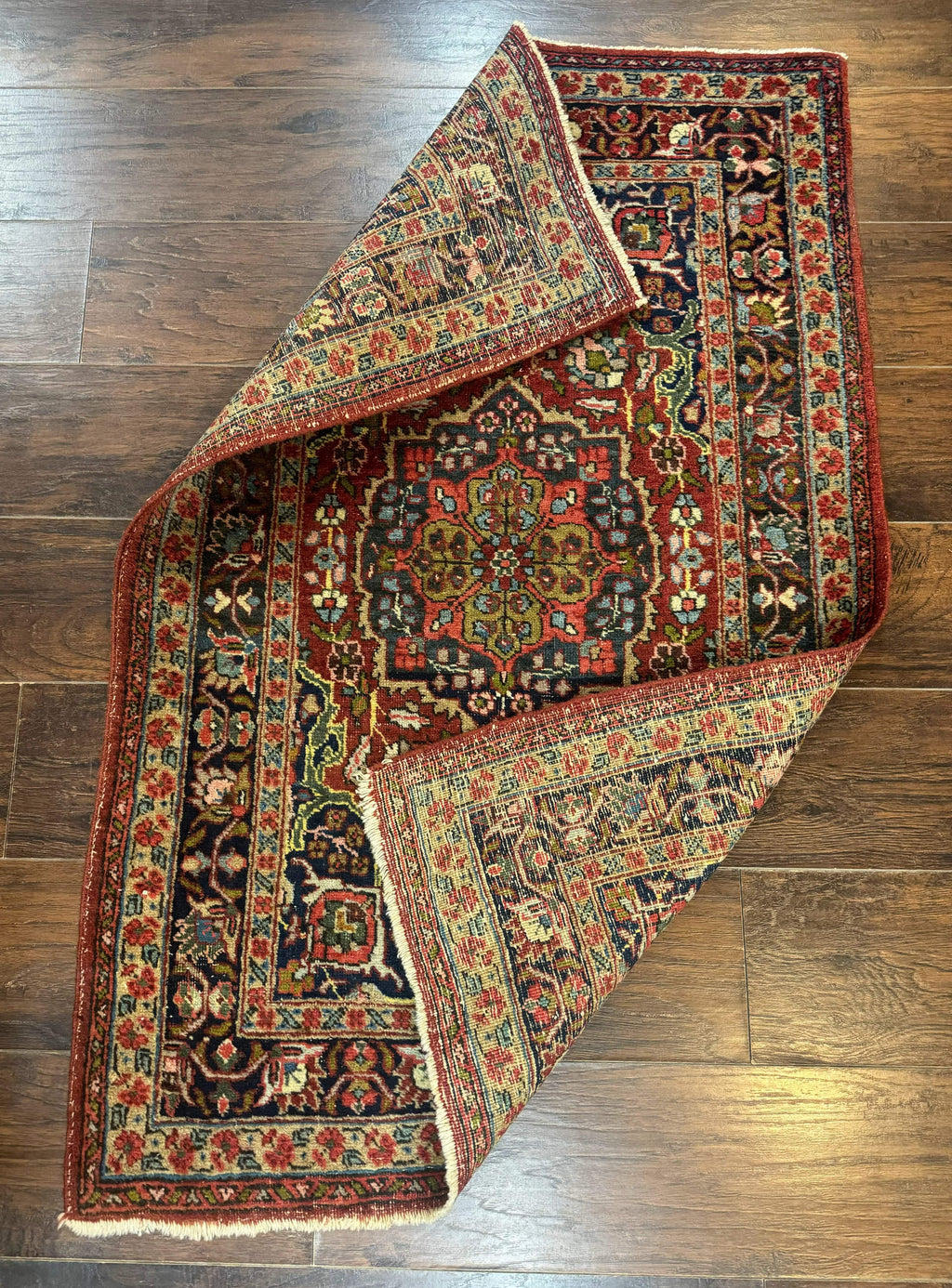 Antique Persian Tabriz Rug 3x5, Brick Red Navy Blue, Floral Medallion, Small Persian Carpet
