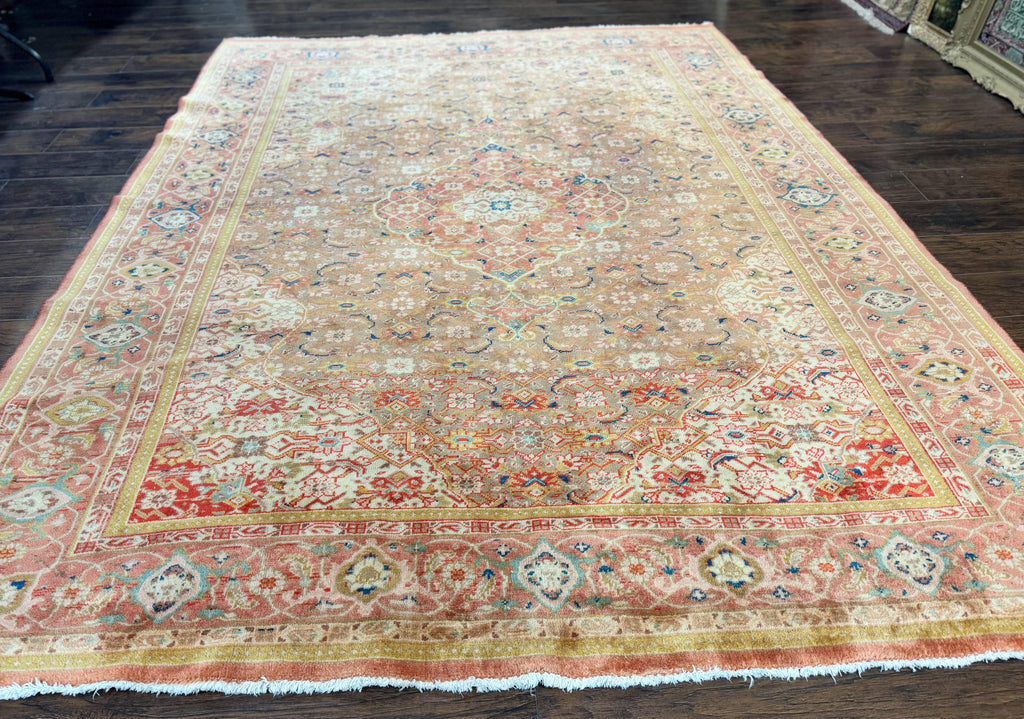 Antique Persian Tabriz Khoy Rug 8x10, Handmade Wool Carpet, Light Green Beige, Vintage Rug for Modern Home