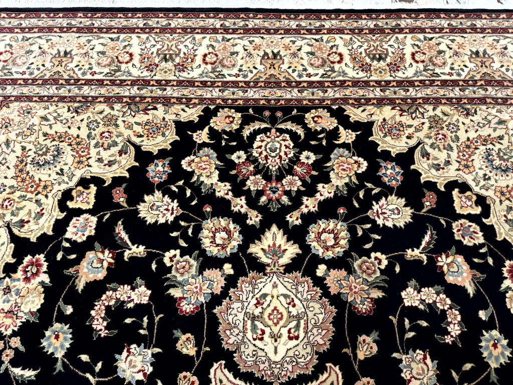 Sino Persian Rug 9x12, Black and Beige, Floral Medallion, Wool & Silk, Handmade