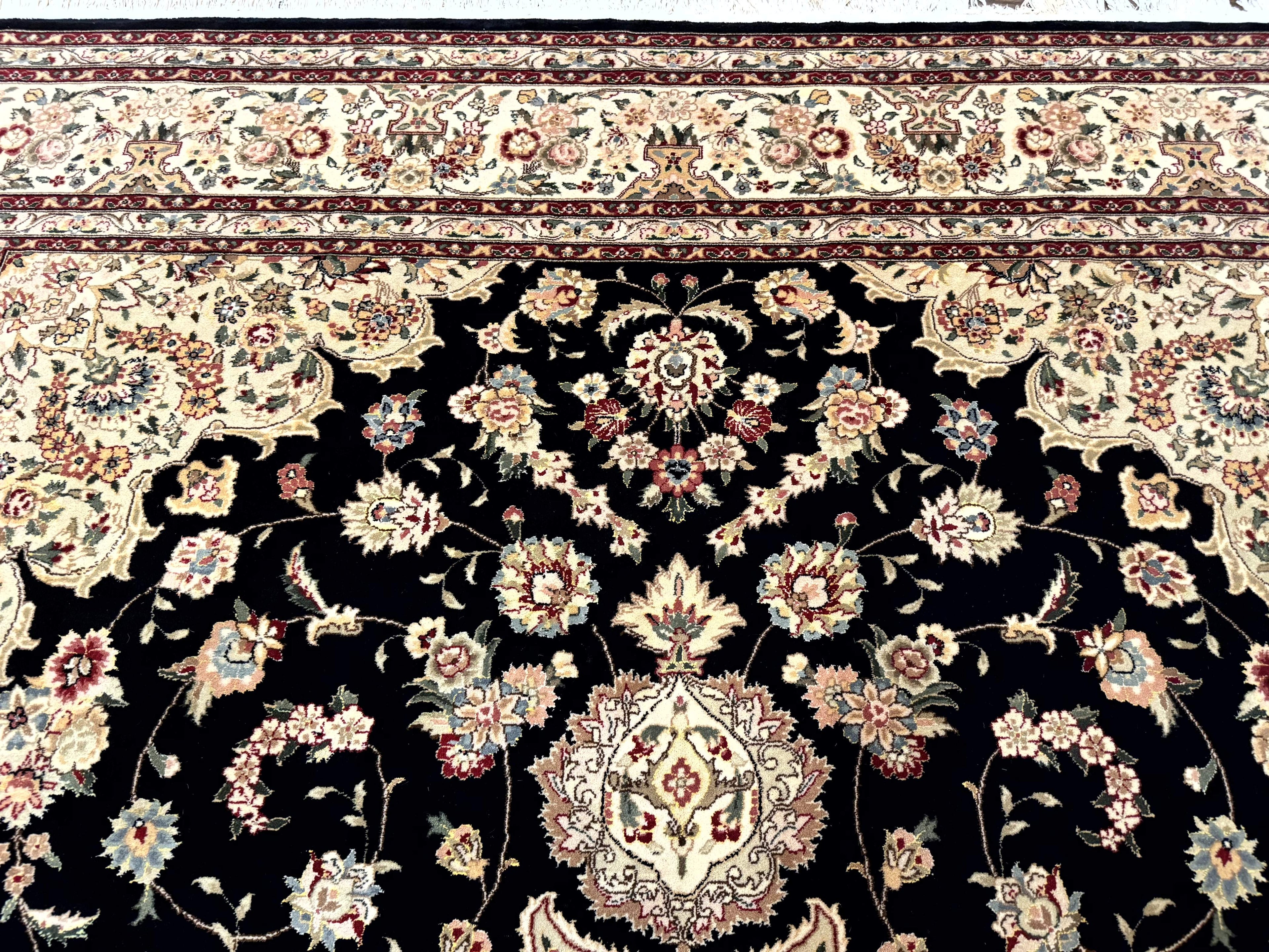 Sino Persian Rug 9x12, Black and Beige, Floral Medallion, Wool & Silk, Handmade