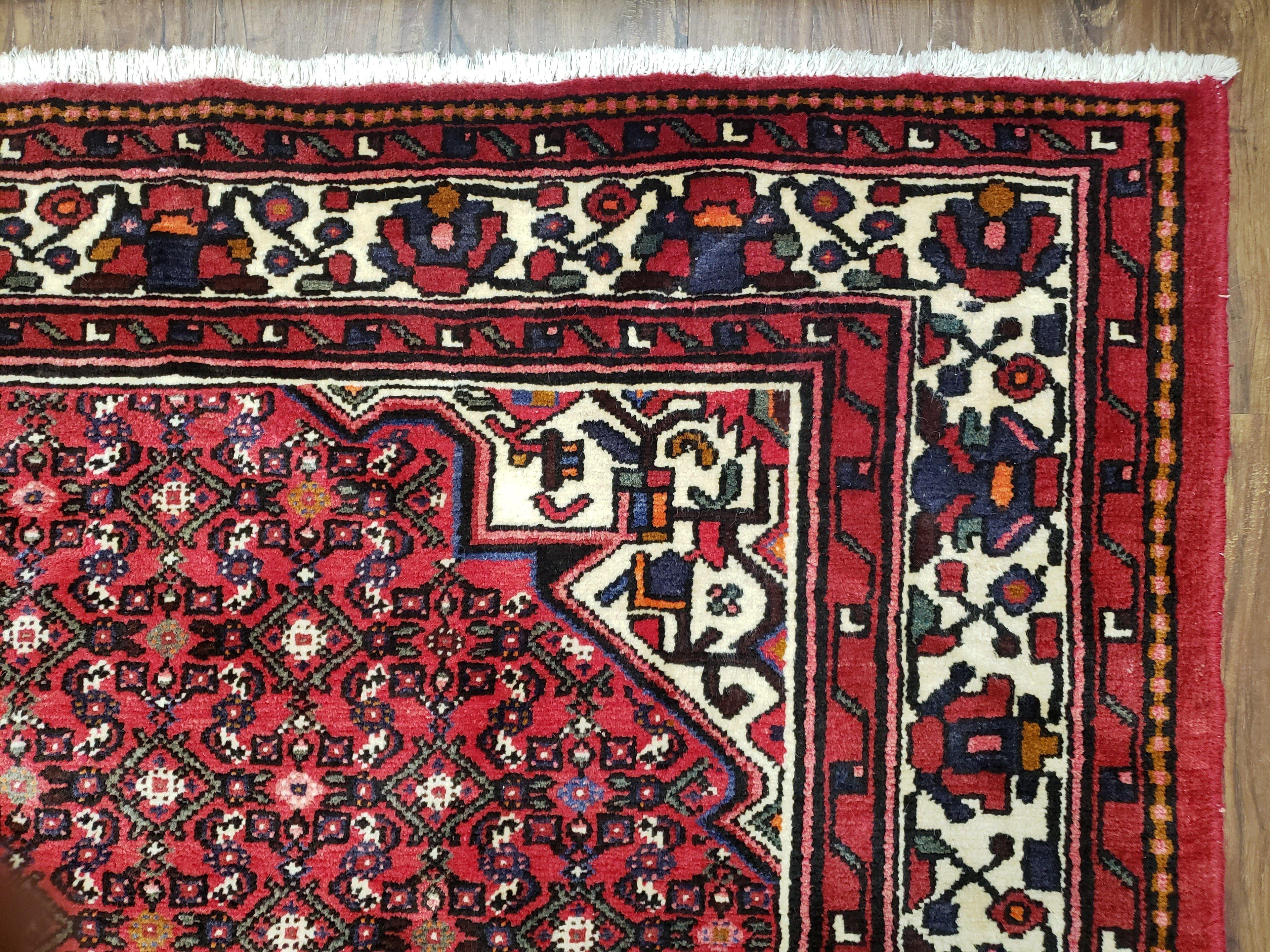Vintage Persian Hamedan Rug 7x10, Angelas Mahi Pattern, Red, Wool, Hand-Knotted