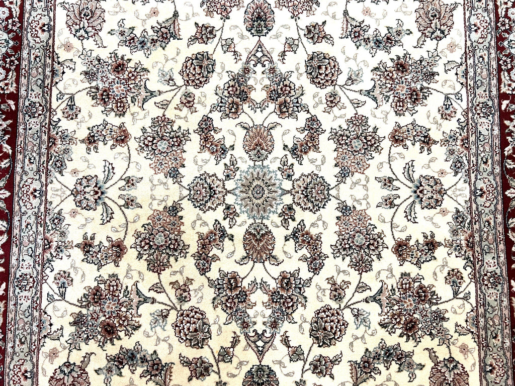 Pak Persian Rug 6x9, Floral Allover Carpet 6 x 9 ft, Cream and Maroon Hand Knotted Wool and Silk Fine Oriental Rug, Traditional Vintage Rug