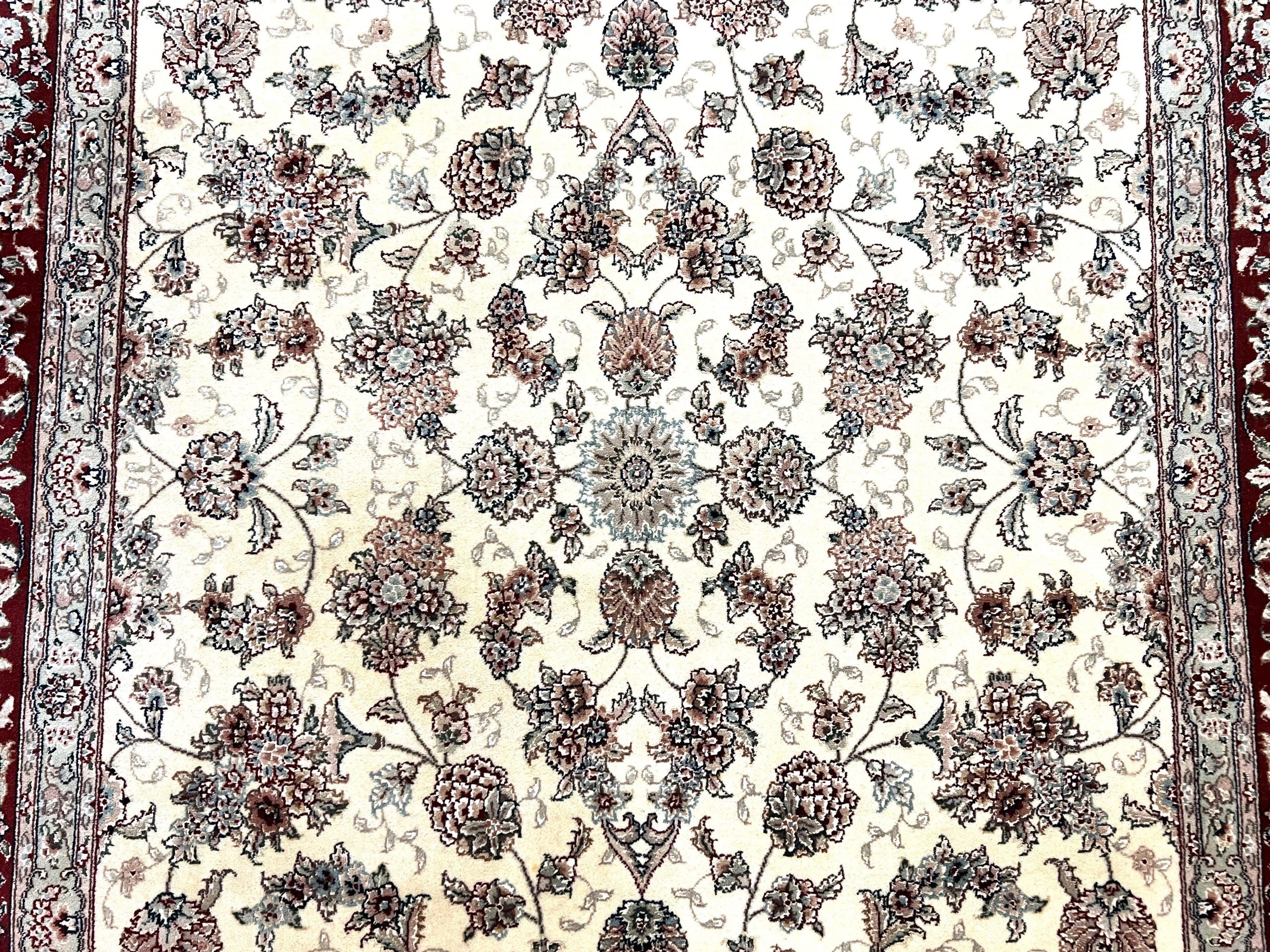 Pak Persian Rug 6x9, Floral Allover Carpet 6 x 9 ft, Cream and Maroon Hand Knotted Wool and Silk Fine Oriental Rug, Traditional Vintage Rug