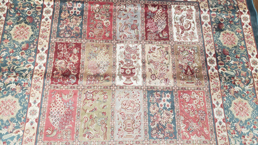 Silk Carpet 4x6 Blue, Panel Design, Four Seasons Pattern, Super Fine & Soft, Bamboo Silk, 4 x 6 Oriental Area Rug, High Quality, New Rug