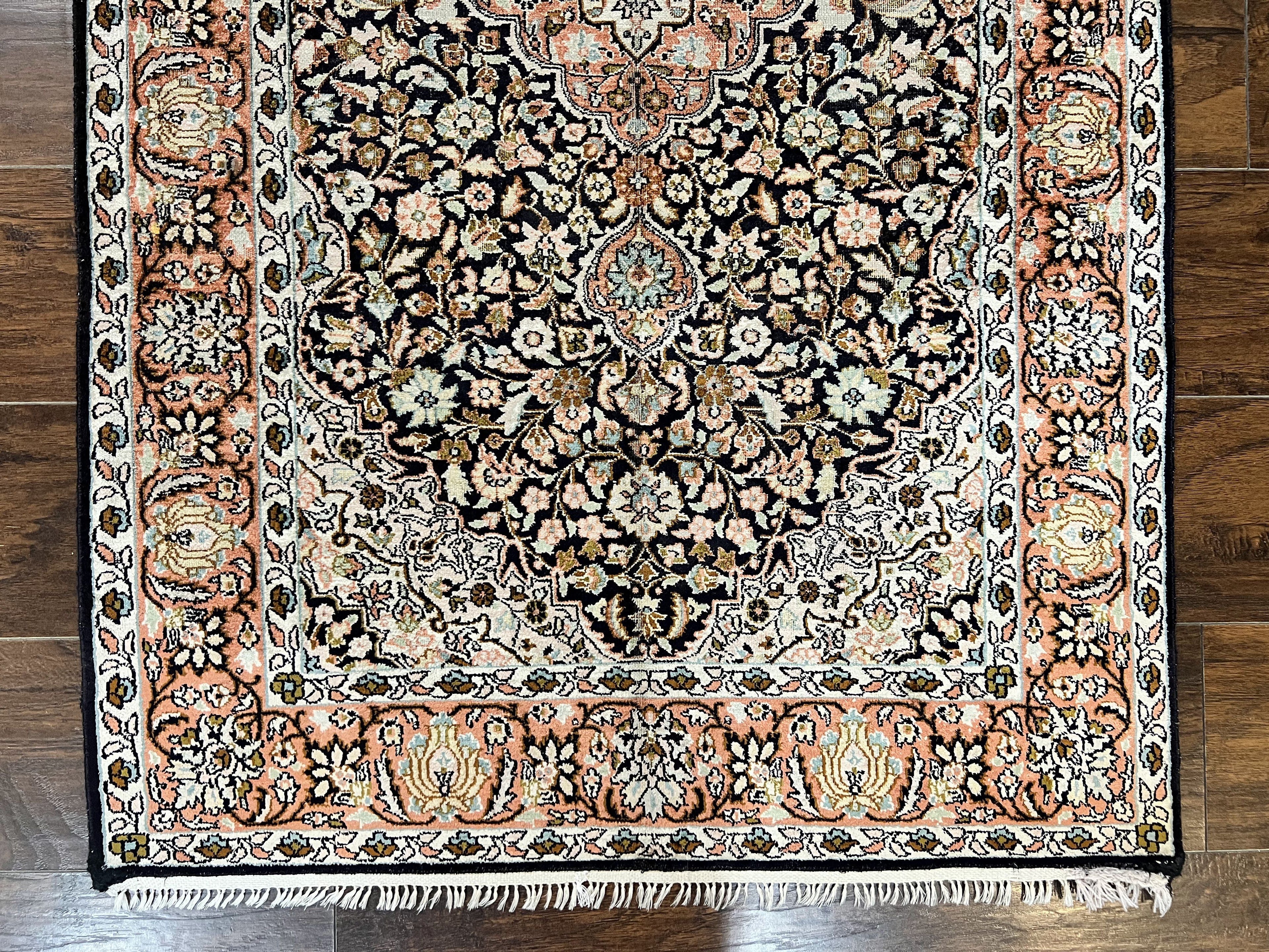 Silk Indian Kashmiri Rug 3x5, Indo Persian Silk on Silk Carpet, Very Fine 350 KPSI, Navy Blue, Handmade, Floral Medallion