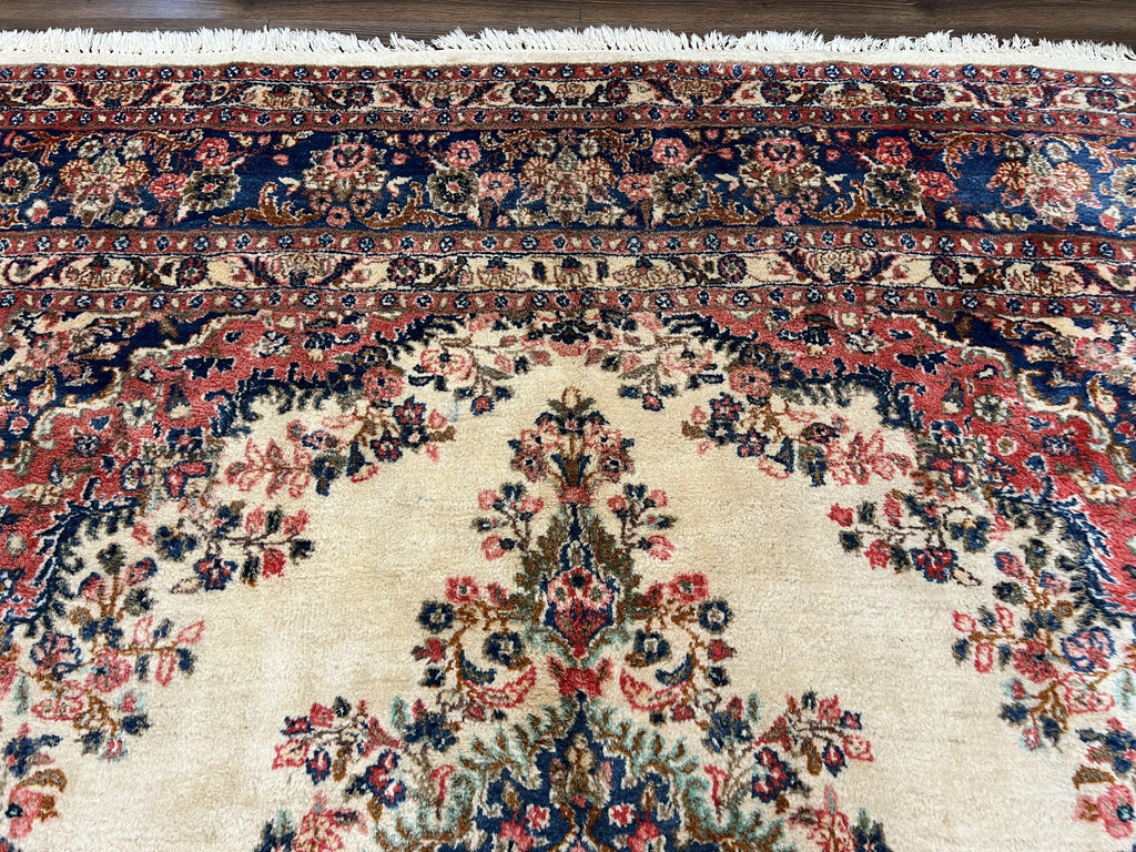 Persian Rug 9x10, Hamadan Rug, Antique Oriental Carpet, Wool Rug, Semi Open Field, Cream and Navy Blue, Kirman Design Hand Knotted Almost Square Rug