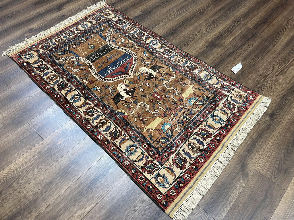 Unique Afghan Silk Rug 4x6, Hunting Pattern Animal Motifs, Light Brown and Cream, Persian Handwritten Poetry, Fine 1940s Oriental Carpet Wow