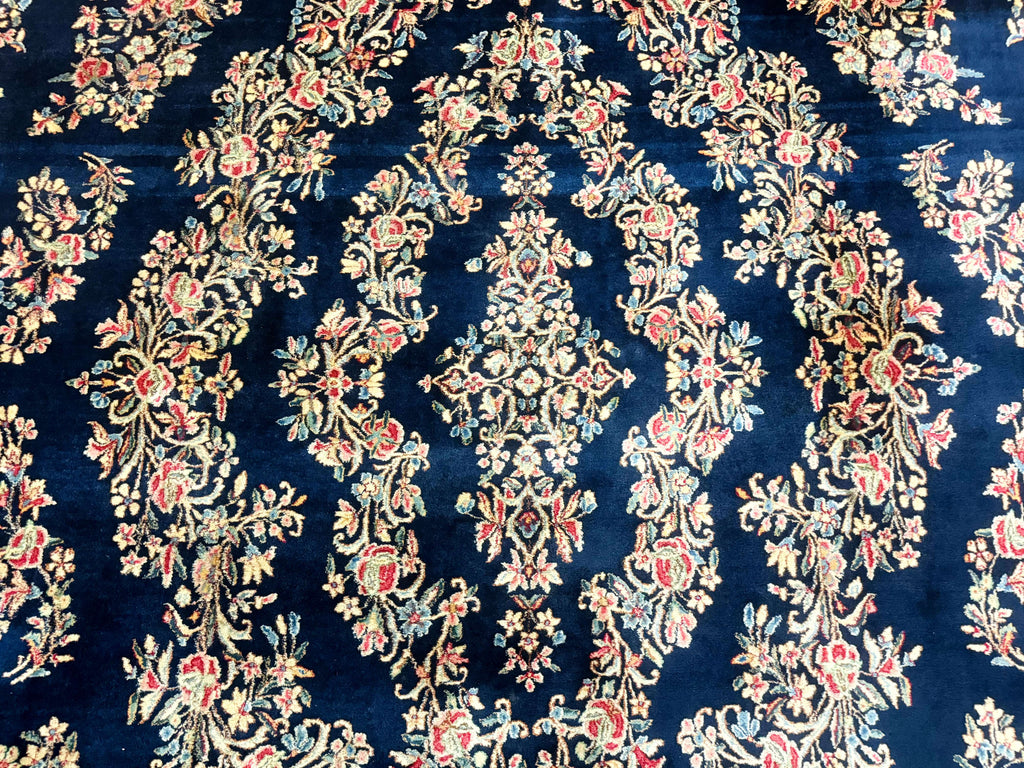 Antique Persian Kerman Rug 10x13, Navy Blue Floral Carpet, Fine 270 KPSI