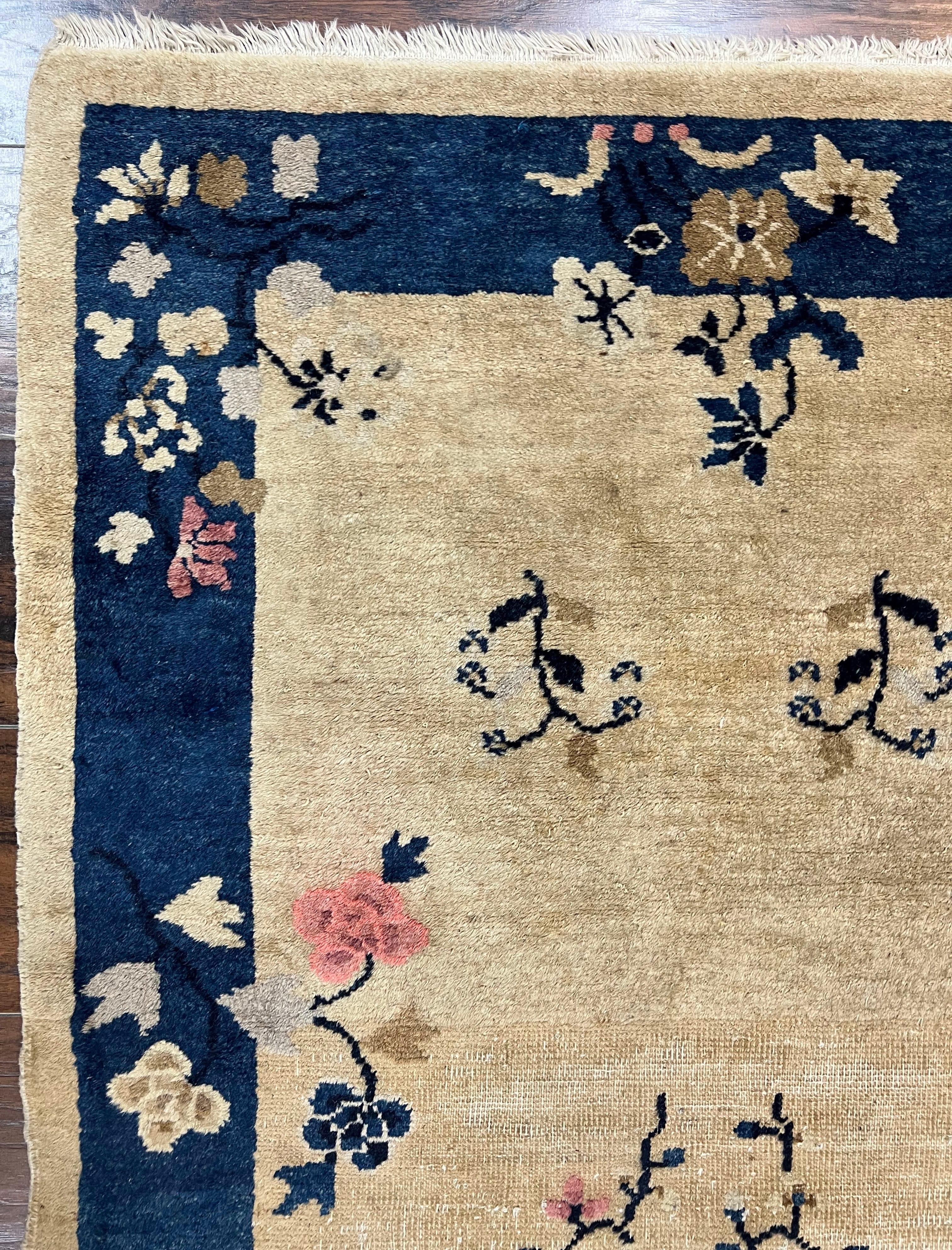 Antique Chinese Peking Rug 3x6, Beige and Dark Blue Hand Knotted Handmade Asian Oriental Carpet, Floral Vases, Vintage Wool Art Deco Rug