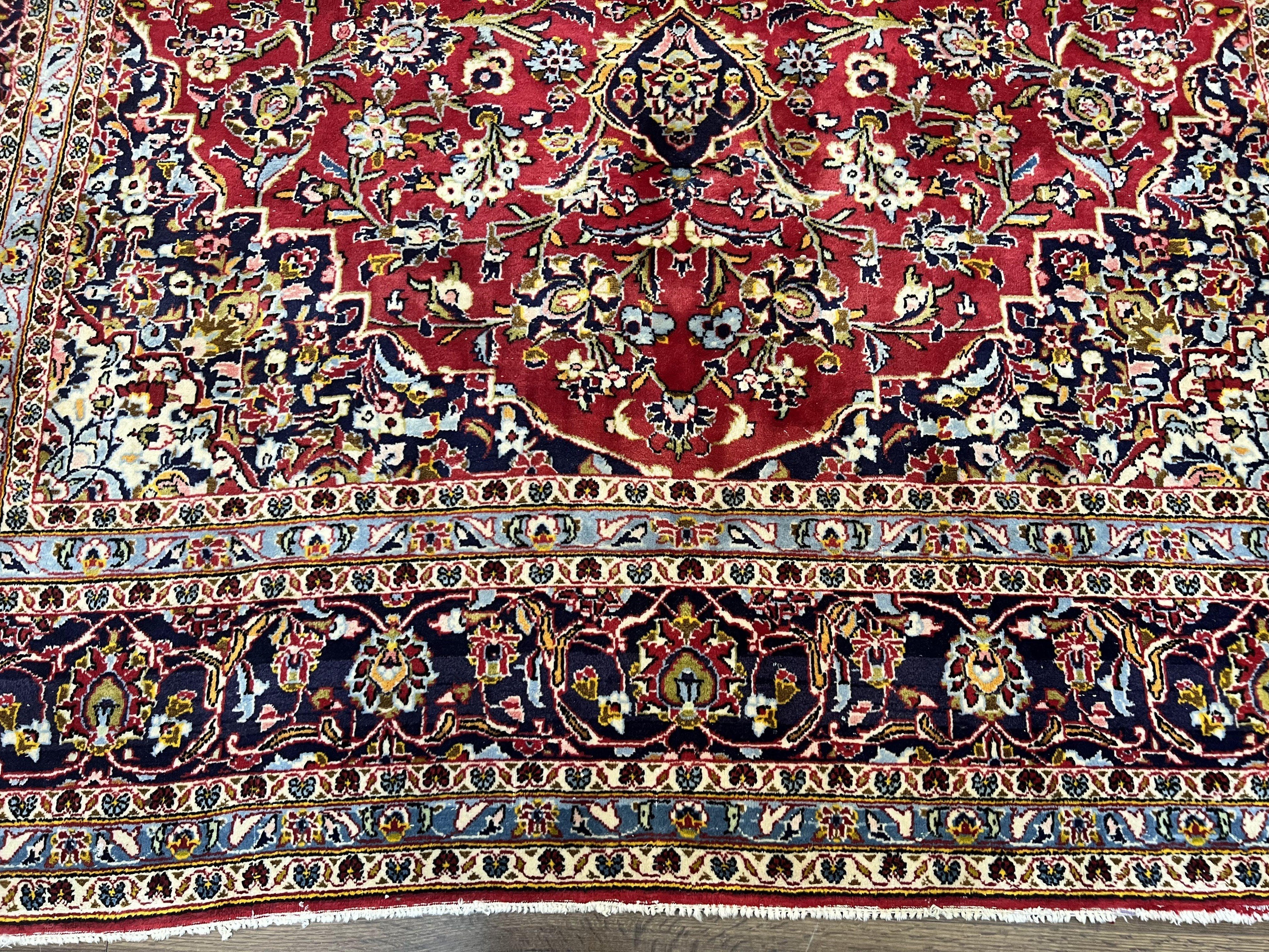 Persian Kashan Rug 9x12, Red Navy Blue, Allover Floral Medallion & Corner Design, Handmade Wool Oriental Carpet, Semi Antique Traditional Carpet