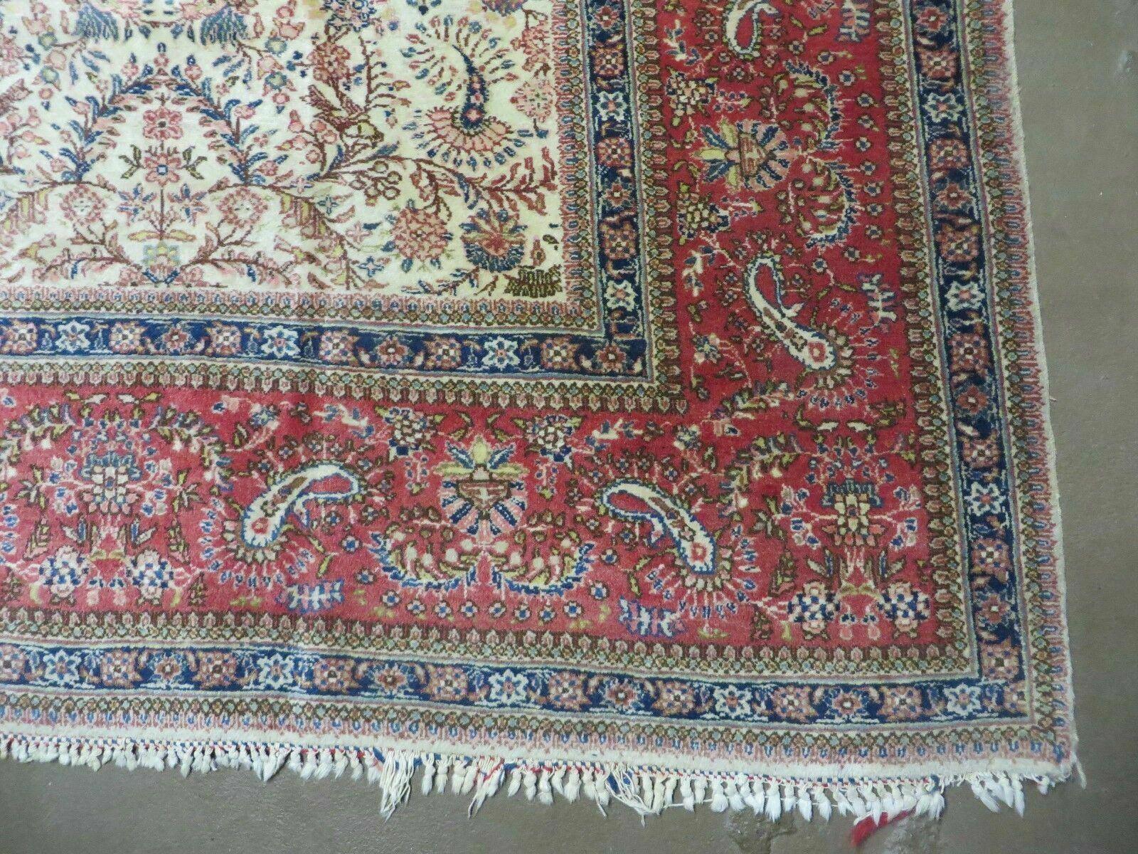 Persian Tabriz Rug 8x10, Bird Motifs Floral, Boteh Paisleys, Cream and Red, Handmade Wool Carpet