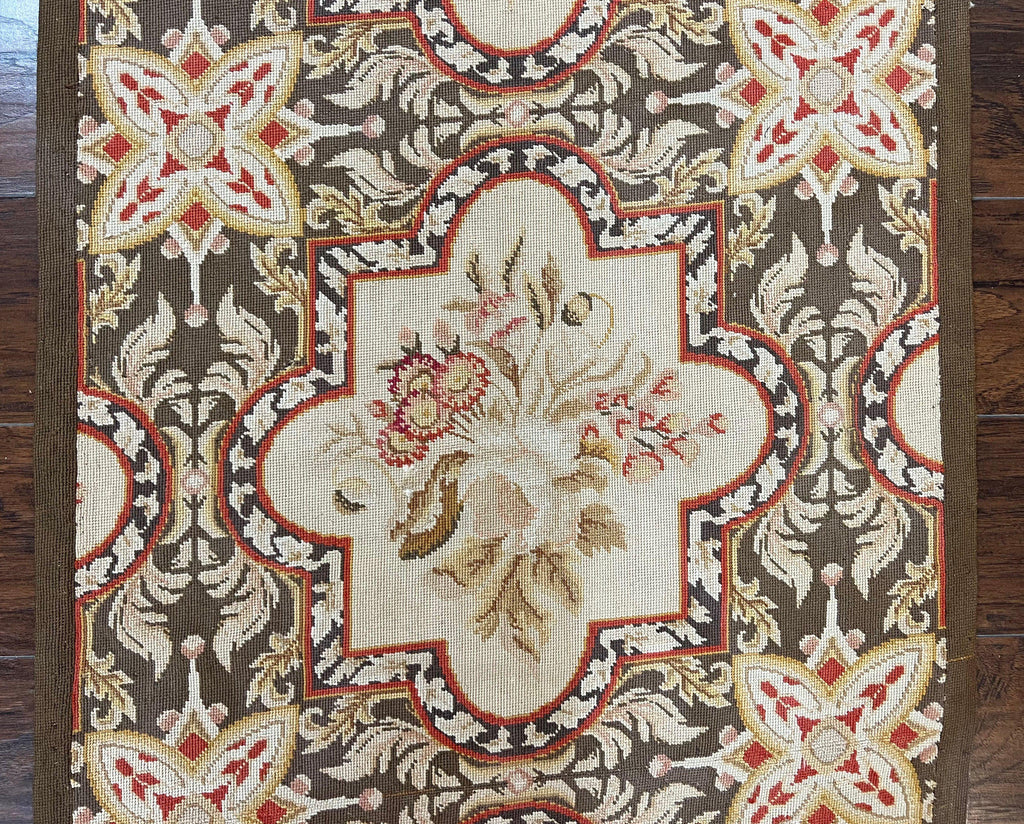 Needlepoint Runner Rug 2.8 x 9.8, Brown and Beige, Handwoven Handmade Floral French European Design, Vintage Flatweave 10ft Wool Runner Rug