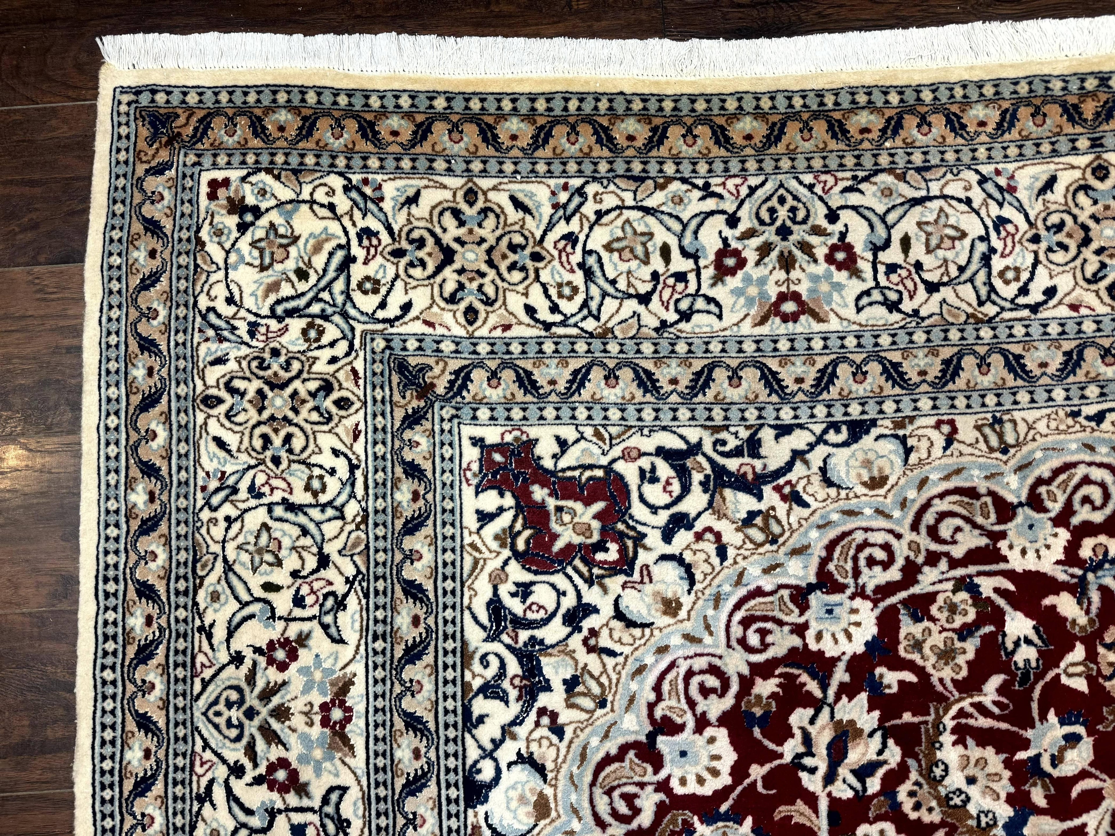 Persian Nain Rug 8x11, Wool and Silk Highlights, Burgundy & Ivory