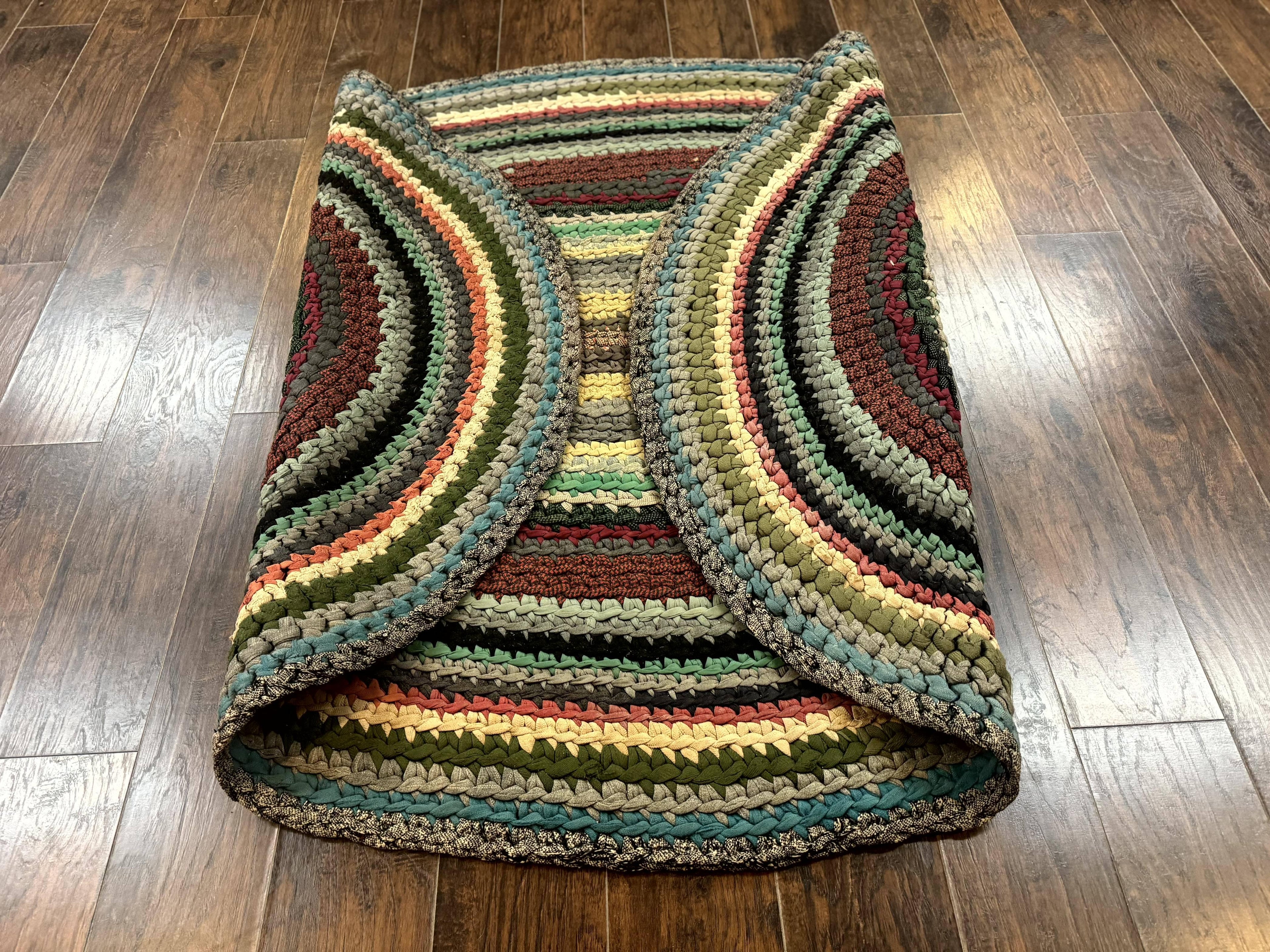 Antique American Braided Rug 5x7, Oval Multicolor Handmade Wool Braided Carpet