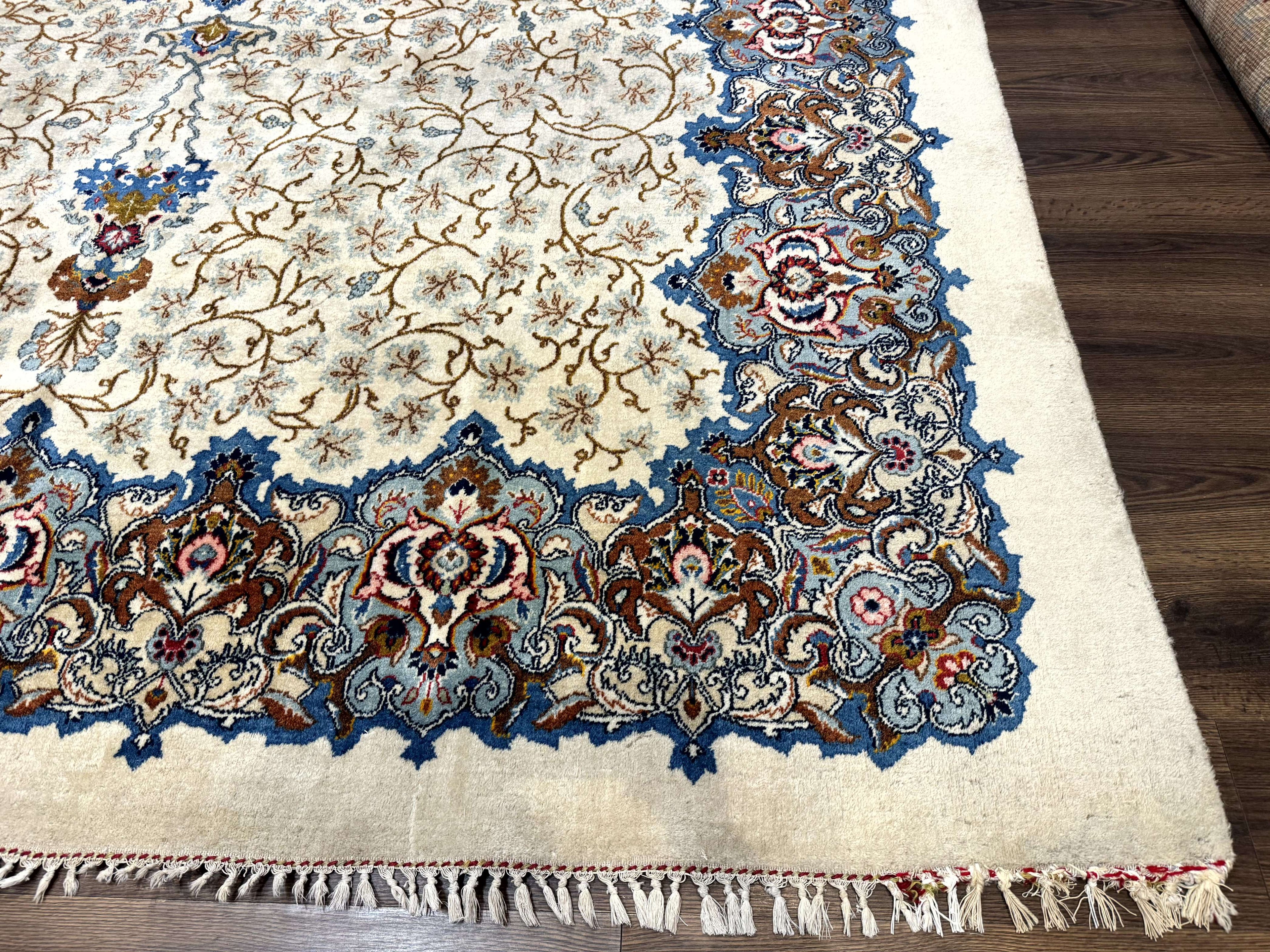 Persian Kashan Rug 9 x 12.6, Ivory and Blue, Floral Medallion, Wool Hand Knotted Semi Antique Carpet