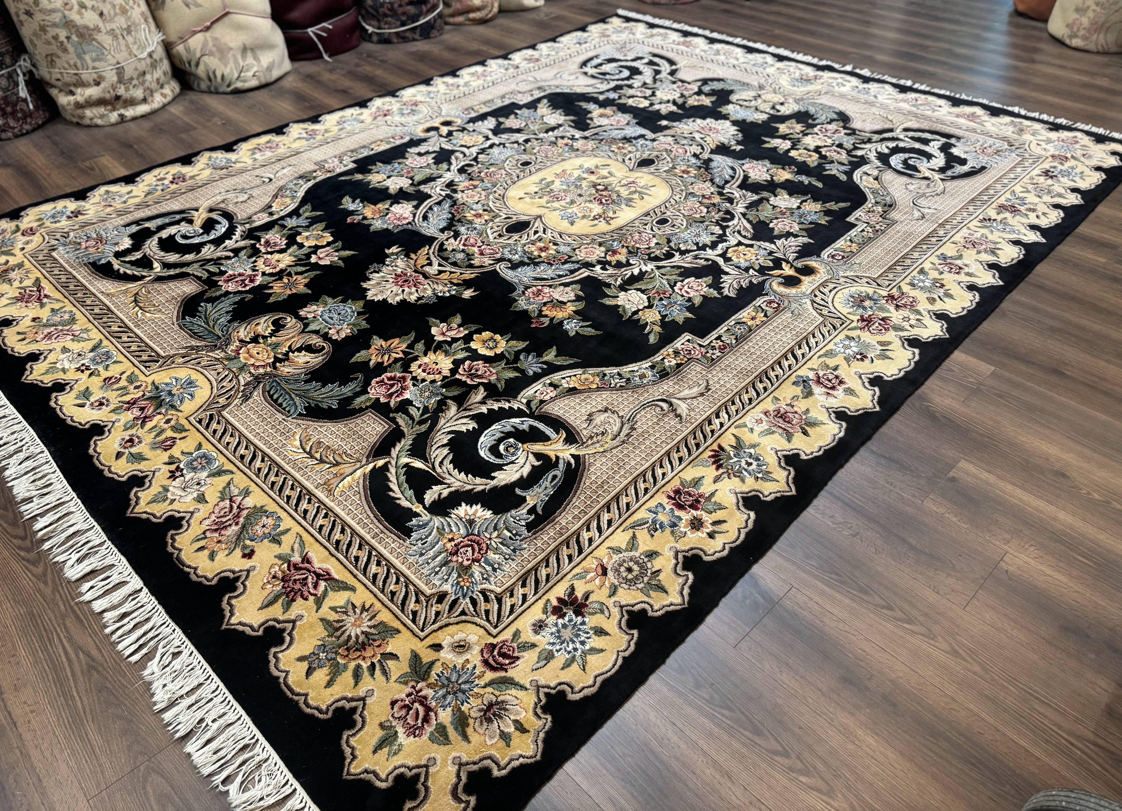Aubusson Rug 9x12, Black and Beige, Floral, Elegant Handmade French European Design Carpet