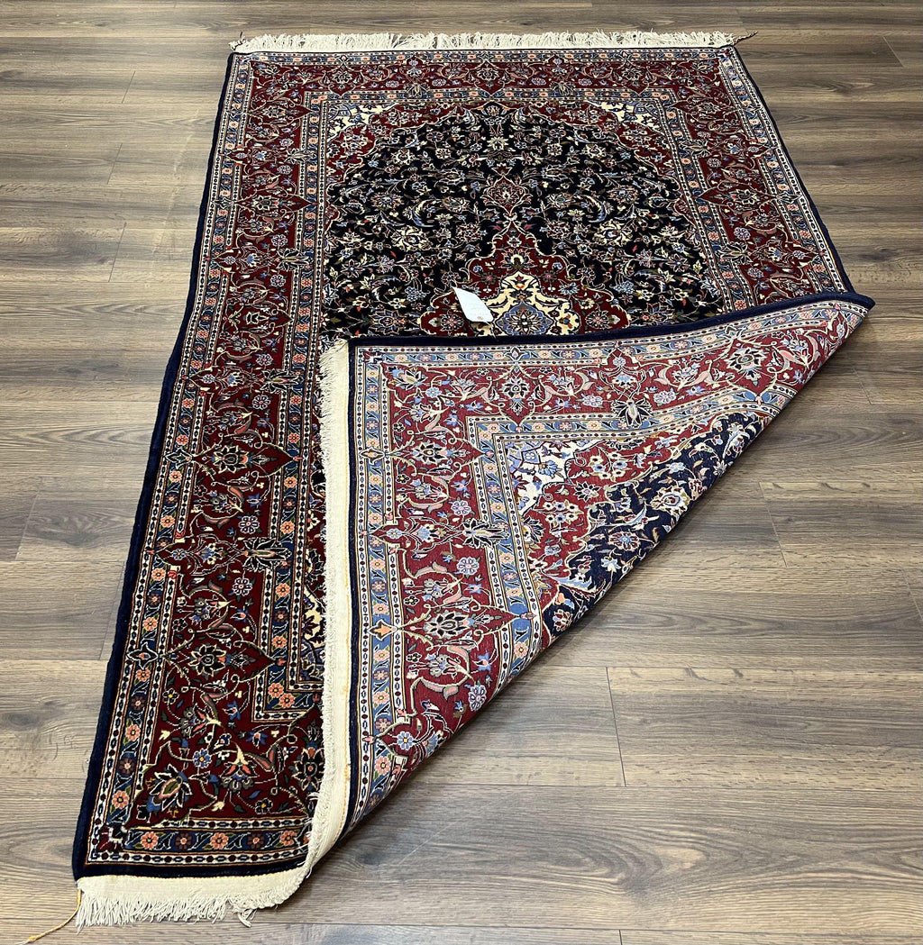 Dark Blue Persian Rug 5x8, Kork Wool Semi Antique Kashan Carpet, Very Fine Lachak Toranj Rug, Hand Knotted Floral Medallion Rug, 5 x 8 Oriental Rug