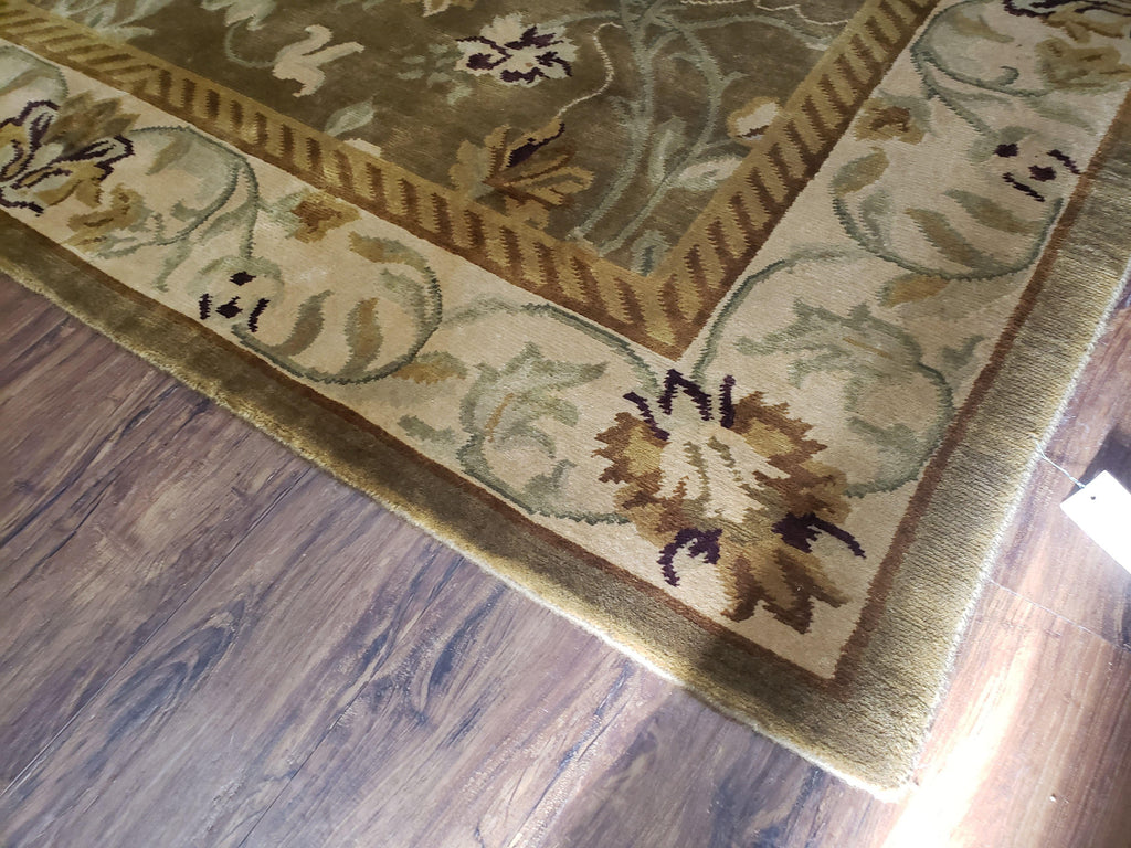 8x10 Tibetan Rug, Green & Beige Floral Rug, Large Handmade Wool Rug