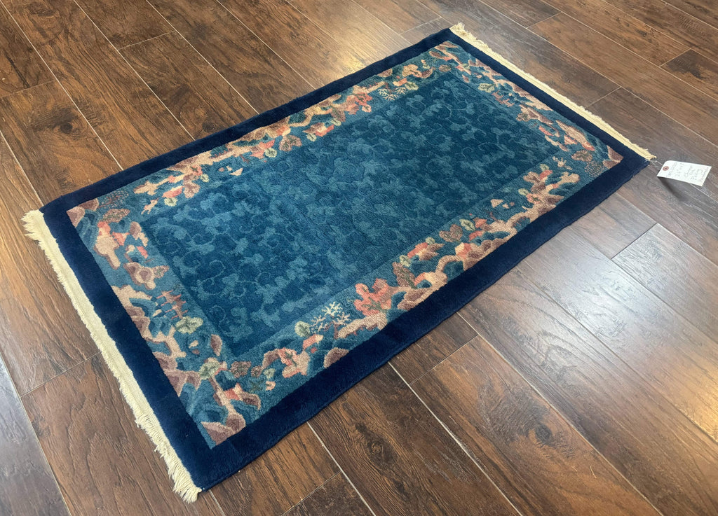 Blue Chinese Wool Rug 2.5 x 4, Peking Rug, Fete Rug, Semi Antique Chinese Carpet
