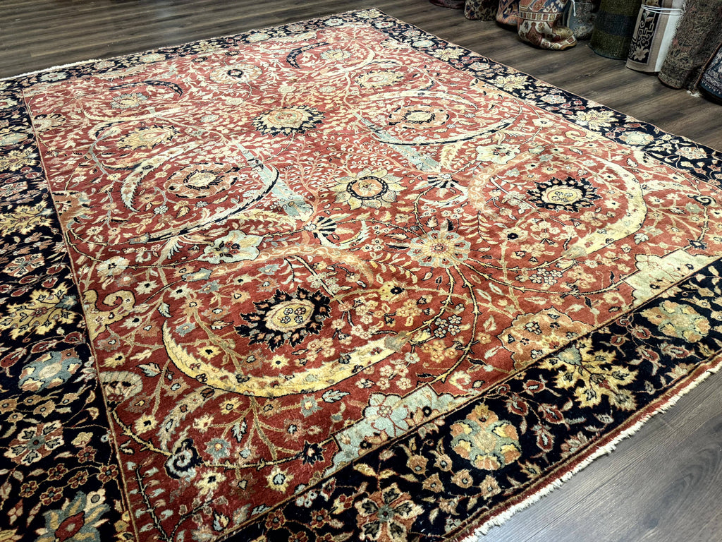 Indian Agra Rug 9x11, Terracotta and Navy Blue, Sickle Leaf Rug