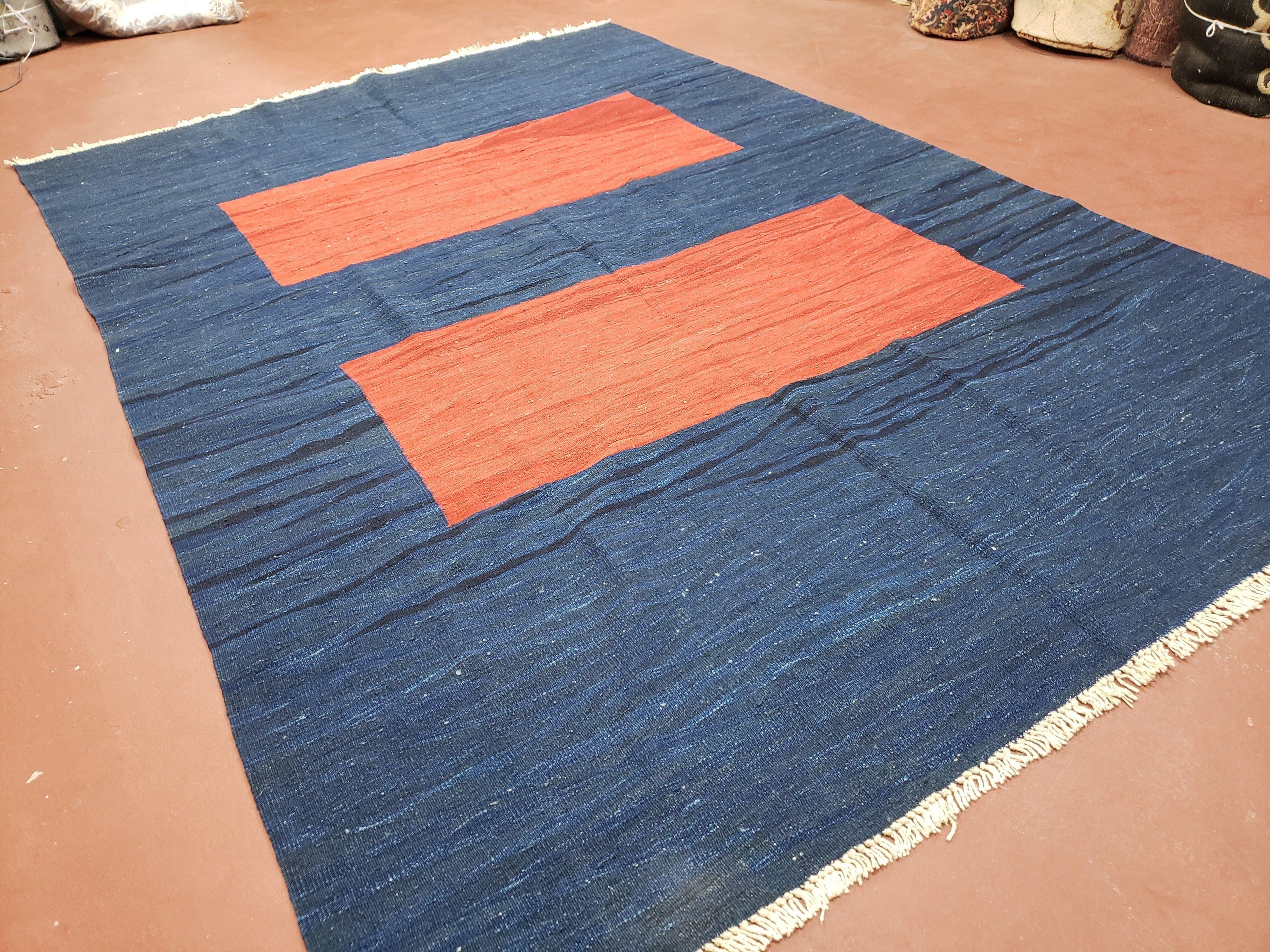 Blue and Red Turkish Kilim Rug, New 6x9 - 7x10 Flatweave Area Rugs, Hand Woven, Wool Handmade Oriental Kilim Abstract Modern Boho, Minimal