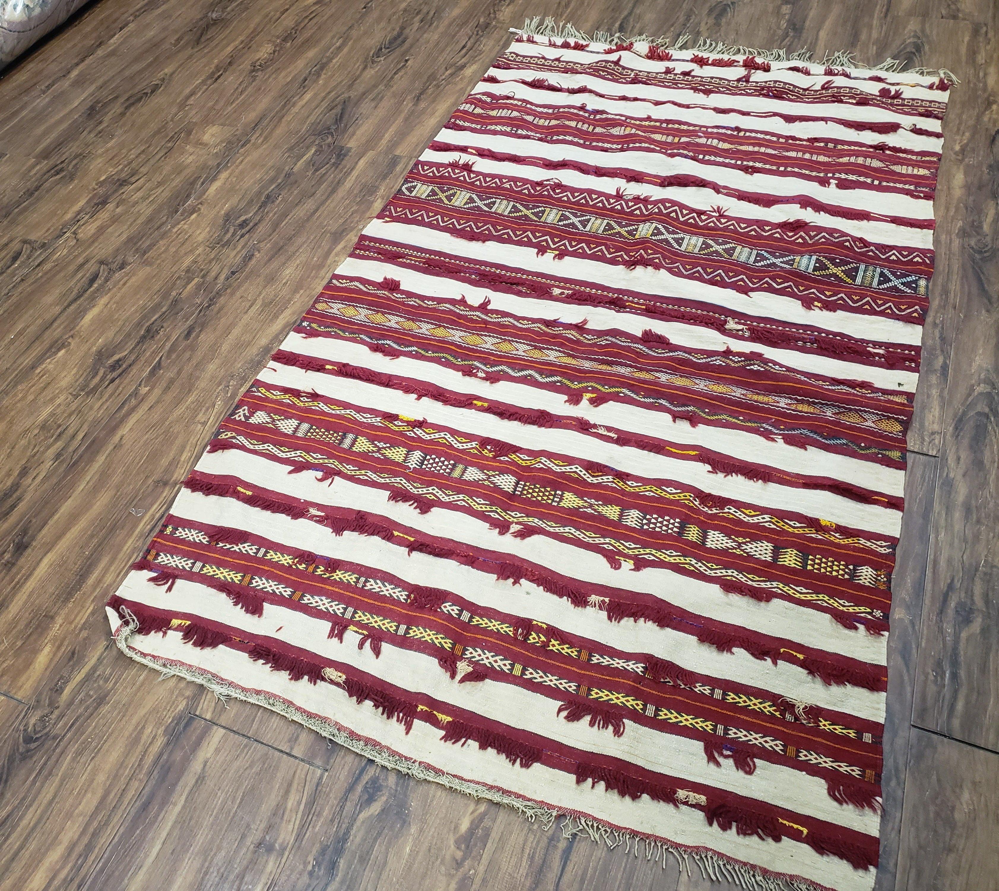 Antique Turkoman Yamud Rug 3x5 ft, 1920s Turkmen Sofreh Table Cover, Bohemian Rug, Tribal Collectible, Striped Rug, Handmade Ivory and Red