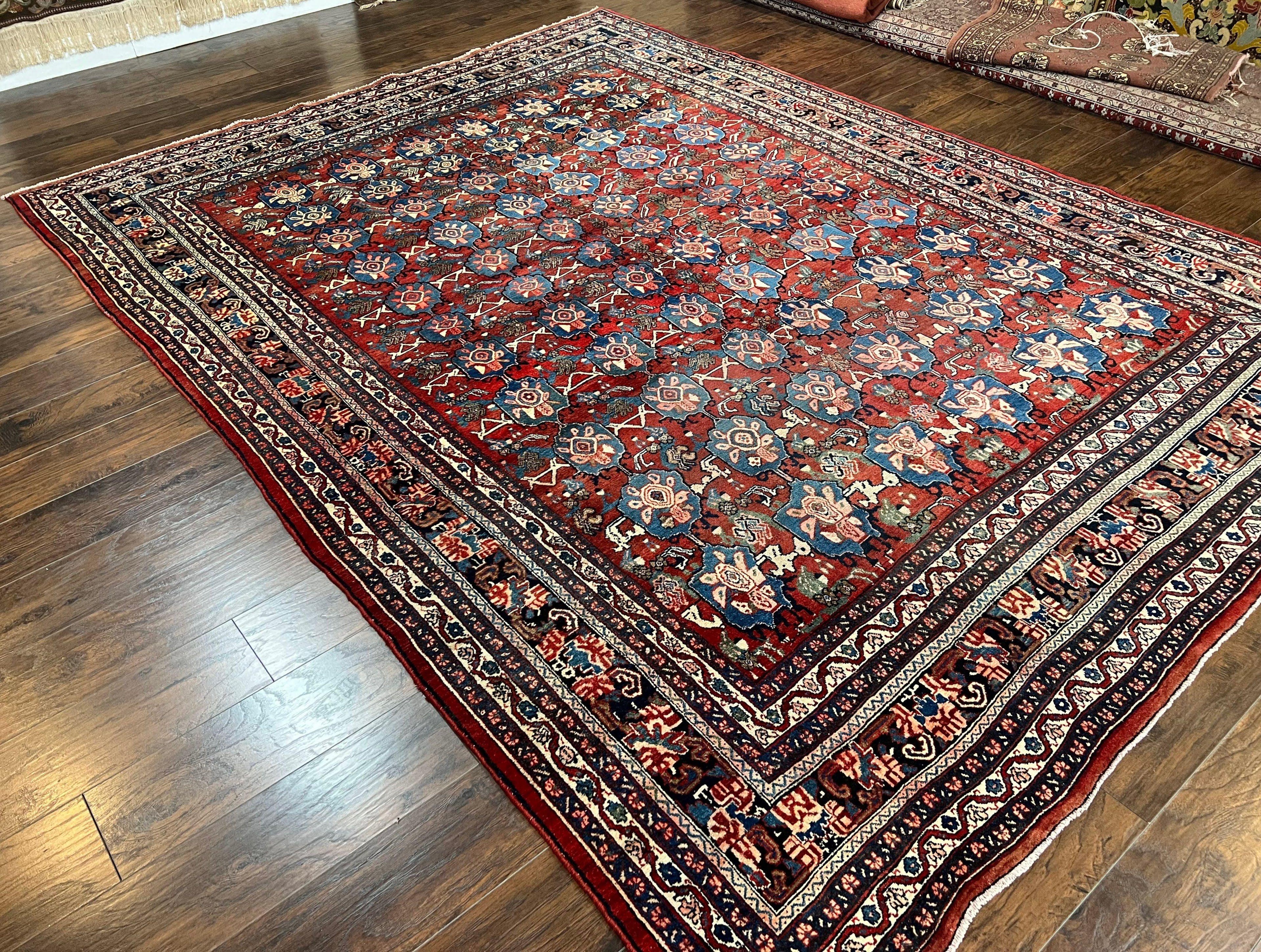 Antique Persian Bijar Rug 9x12 - Allover Motif, Red & Blue