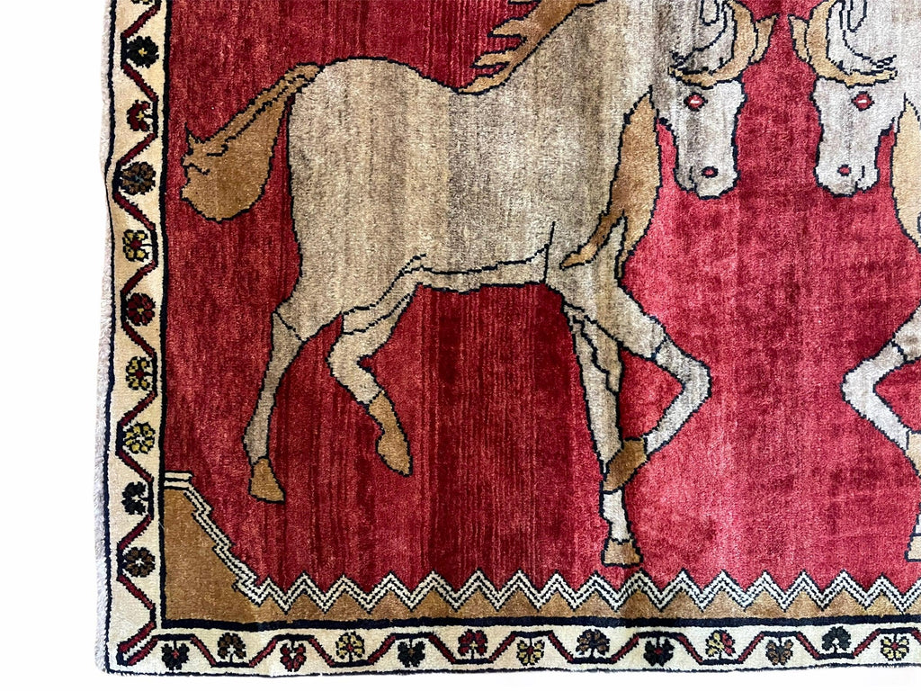 4 X 6 Handmade Hand-Knotted New Vintage Rug Wool Horses Red Organic Dyes Tribal