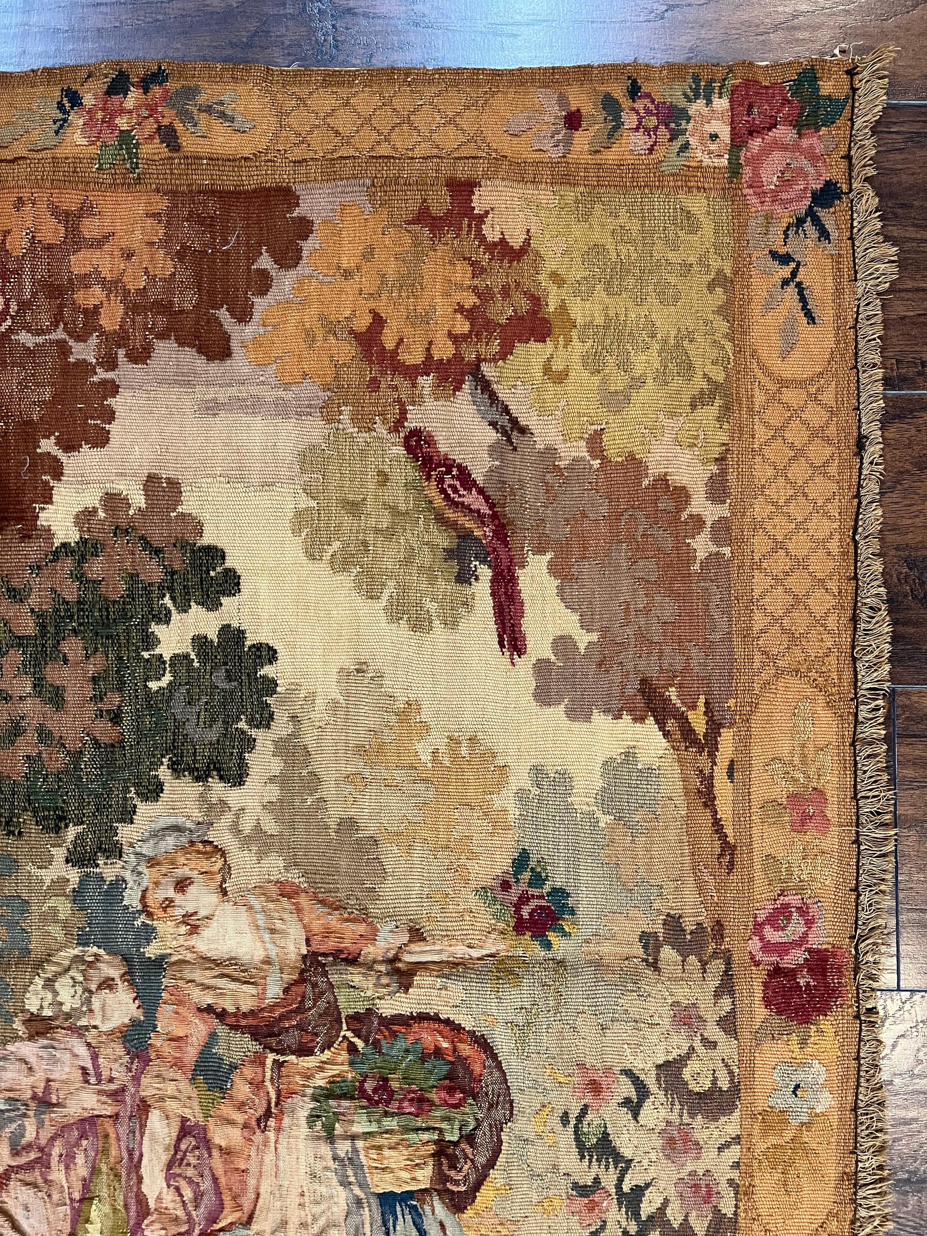 Antique Tapestry 3x4, European French Tapestry, Hand Loomed Victorian Tapestry, Vintage Wool Tapestry 3 x 4 ft