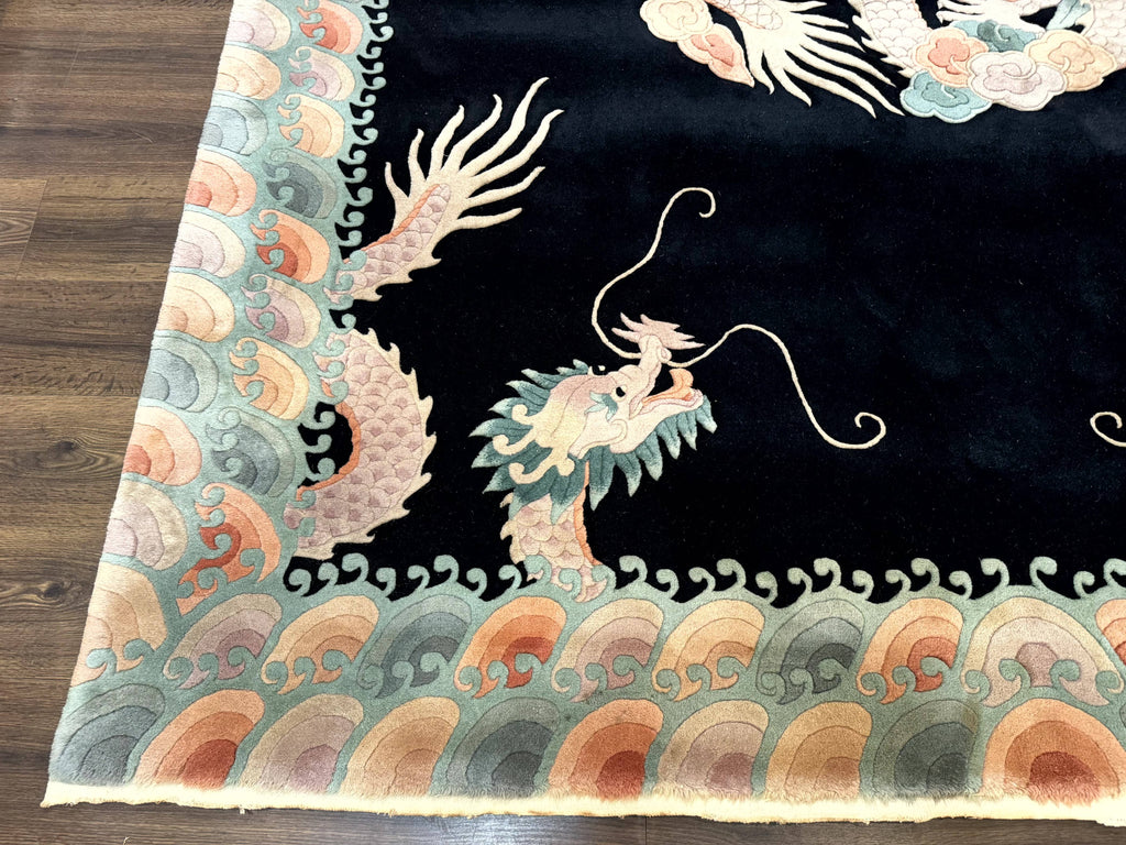 Black Chinese Wool Rug 8x10 with Dragons, Rainbow Borders, Rare