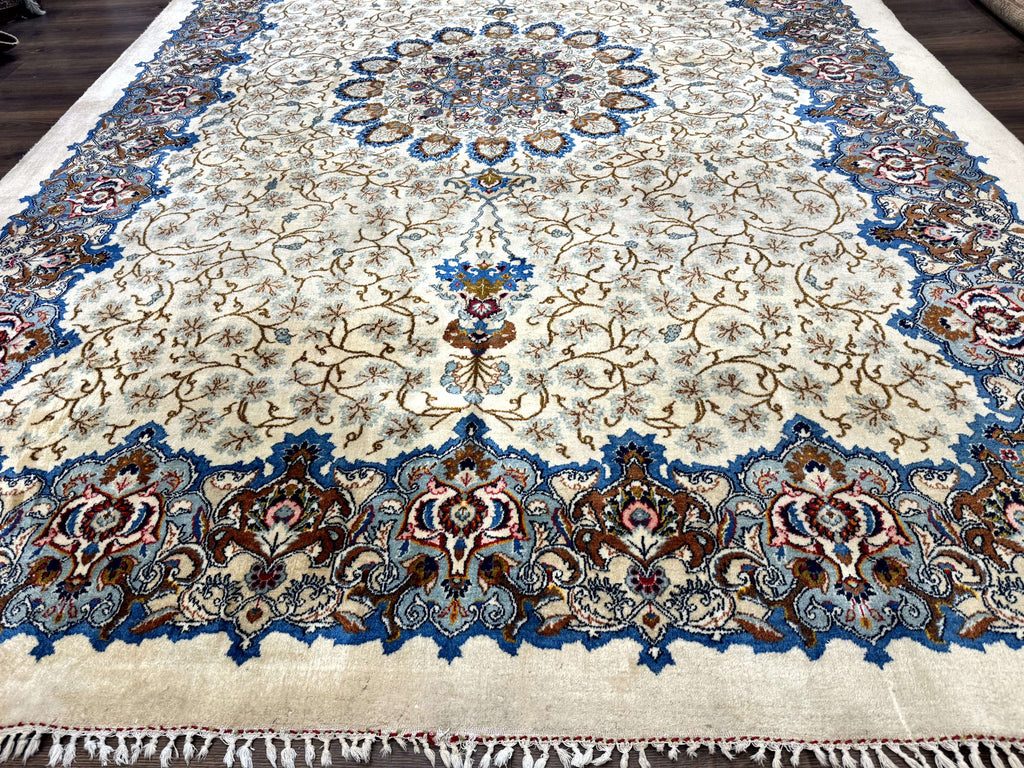 Persian Kashan Rug 9 x 12.6, Ivory and Blue, Floral Medallion, Wool Hand Knotted Semi Antique Carpet