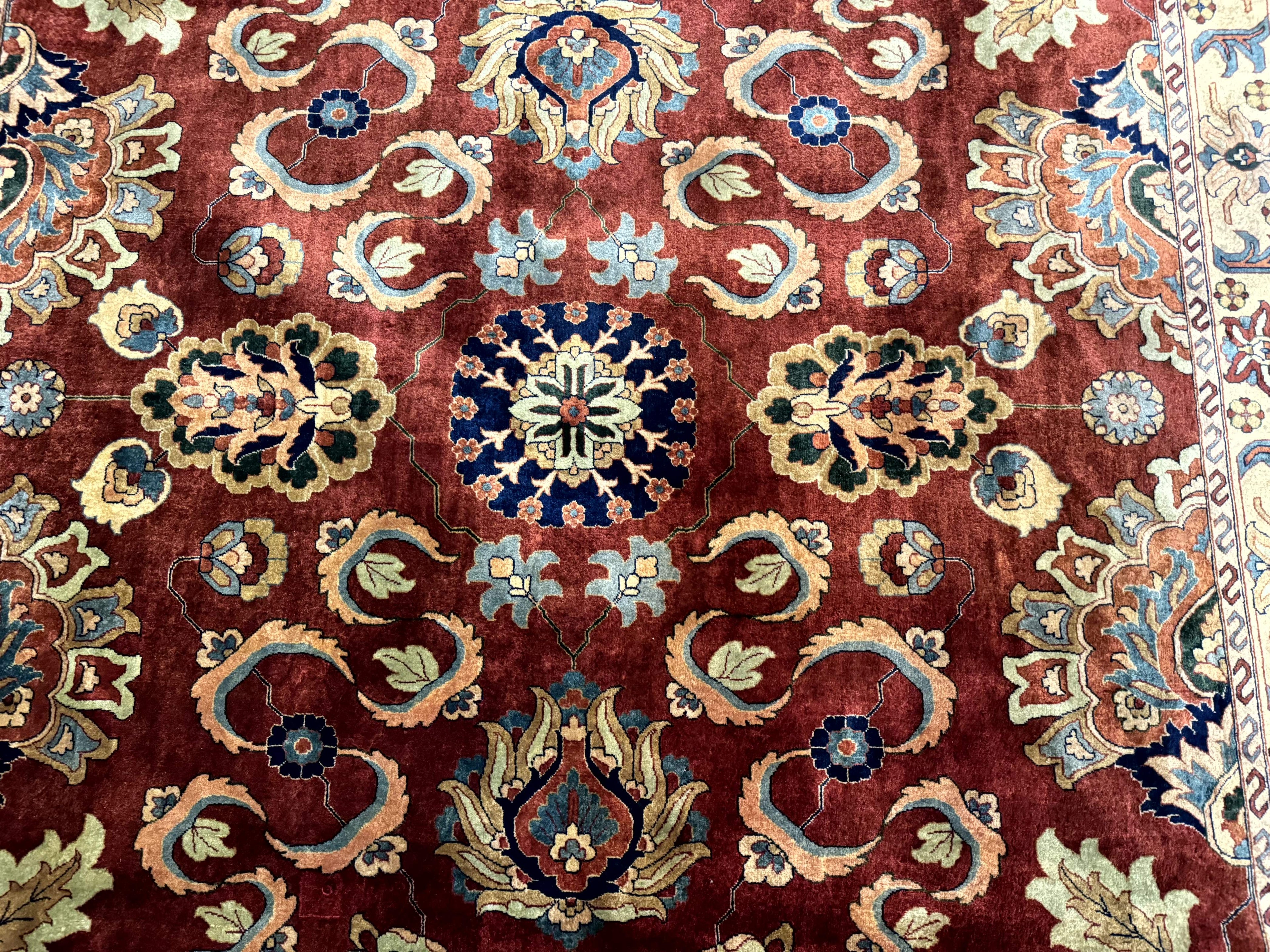 Palace Size Indo Persian Rug 12x15, Sultanabad Mahal Carpet, Red Navy Blue, Fine 210 KPSI