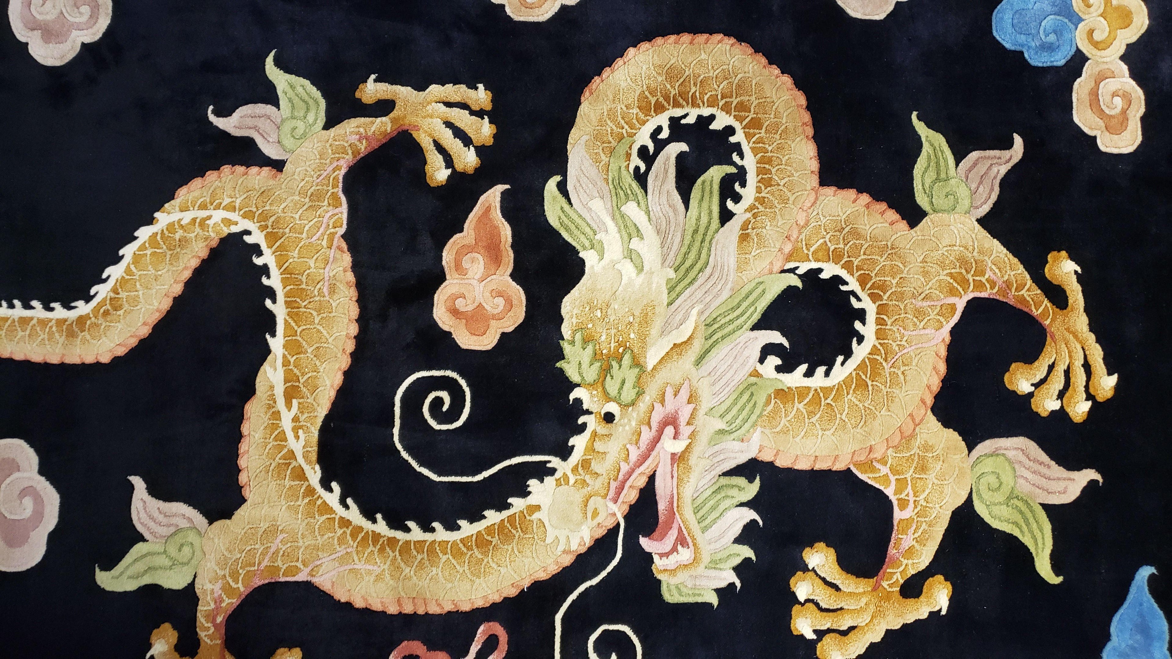 Rare Antique Chinese Art Deco Rug 6x9 with Dragon, Black Chinese Carpet 6 x 9, Hand Knotted Wool Area Rug