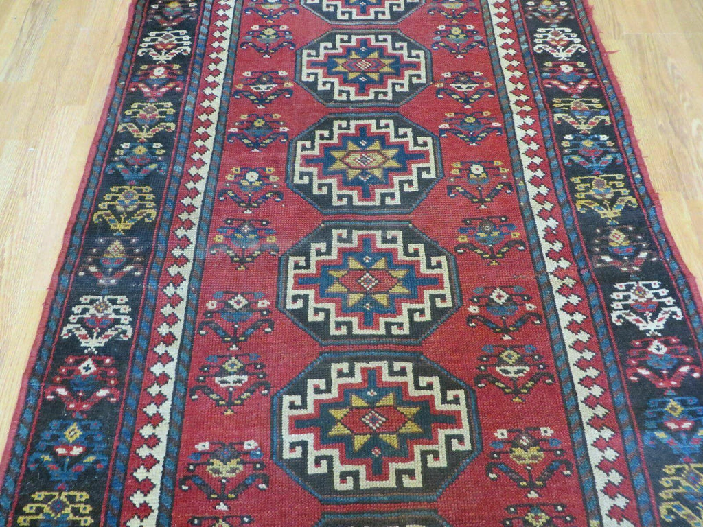 3' 3" X 10' Hand-Knotted Antique Handmade Caucasian Kazak Wool Runner Rug