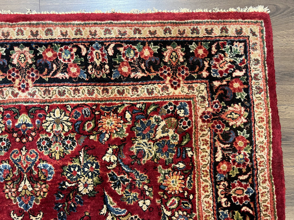 Persian Sarouk Rug 5x6, Hand Knotted Antique 1920s Sarouk, Red Navy Blue