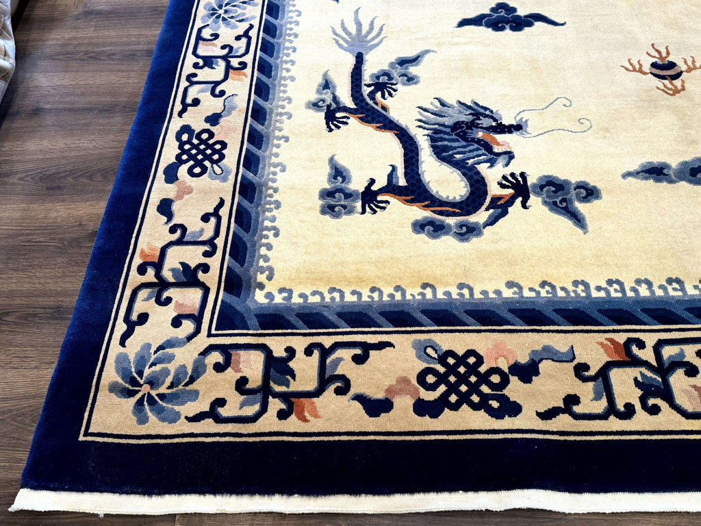 Chinese Dragon Peking Rug 8 x 11.6, Ivory and Blue, Chinese Wool Rug, Vintage