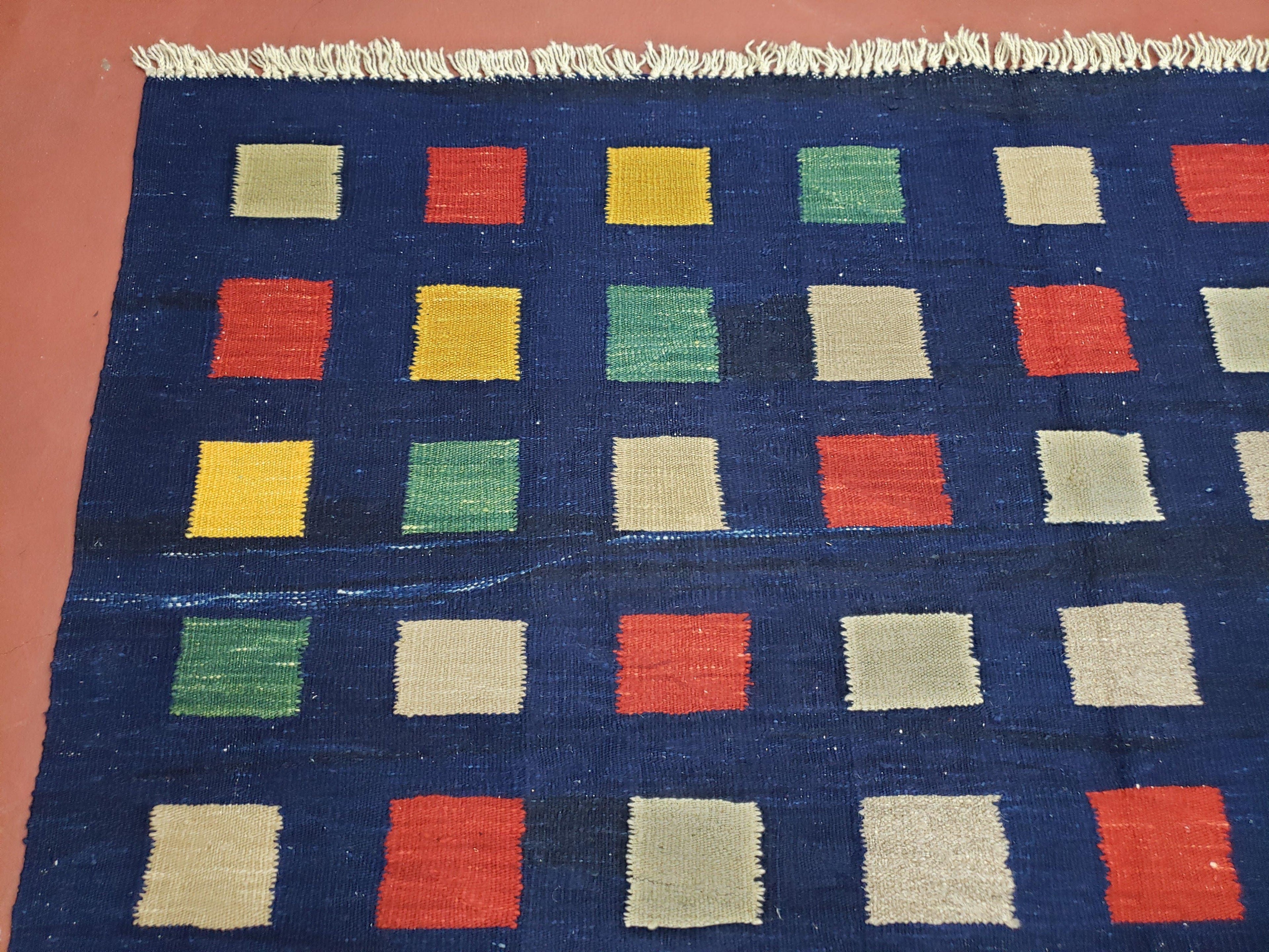 Turkish Kilim Rug 5x7 - 6x8, Checkerboard Kilim Carpet, Area Rug, New Playroom Rug, Colorful Multicolor Rug for Nursery Room, Dark Blue Red