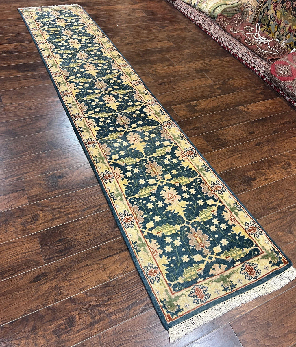 Indian Runner Rug 2.6 x 12, Navy Blue Beige Oriental Runner Rug 12ft Long, Narrow Hallway Runner, Wool Hand Knotted Indo Persian Mahal Rug