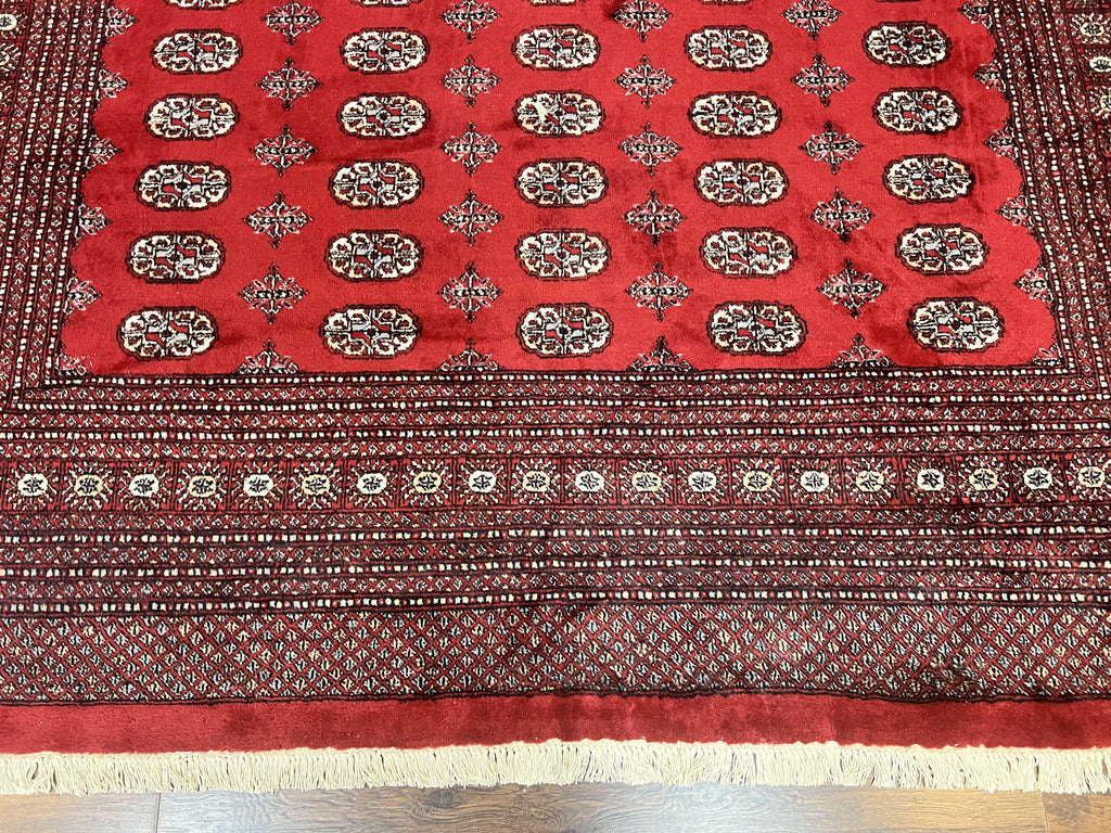 Turkoman Rug 8 x 11.6, Red Bokhara Pakistani Carpet, Wool Handmade Vintage Rug