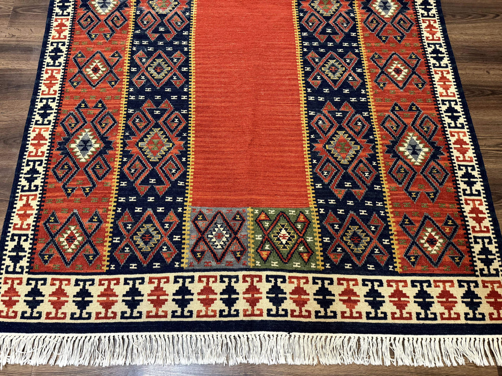 Turkish Kilim Rug 5x8, Flatweave Carpet, Handmade Bohemian Rug, Terracotta and Navy Blue